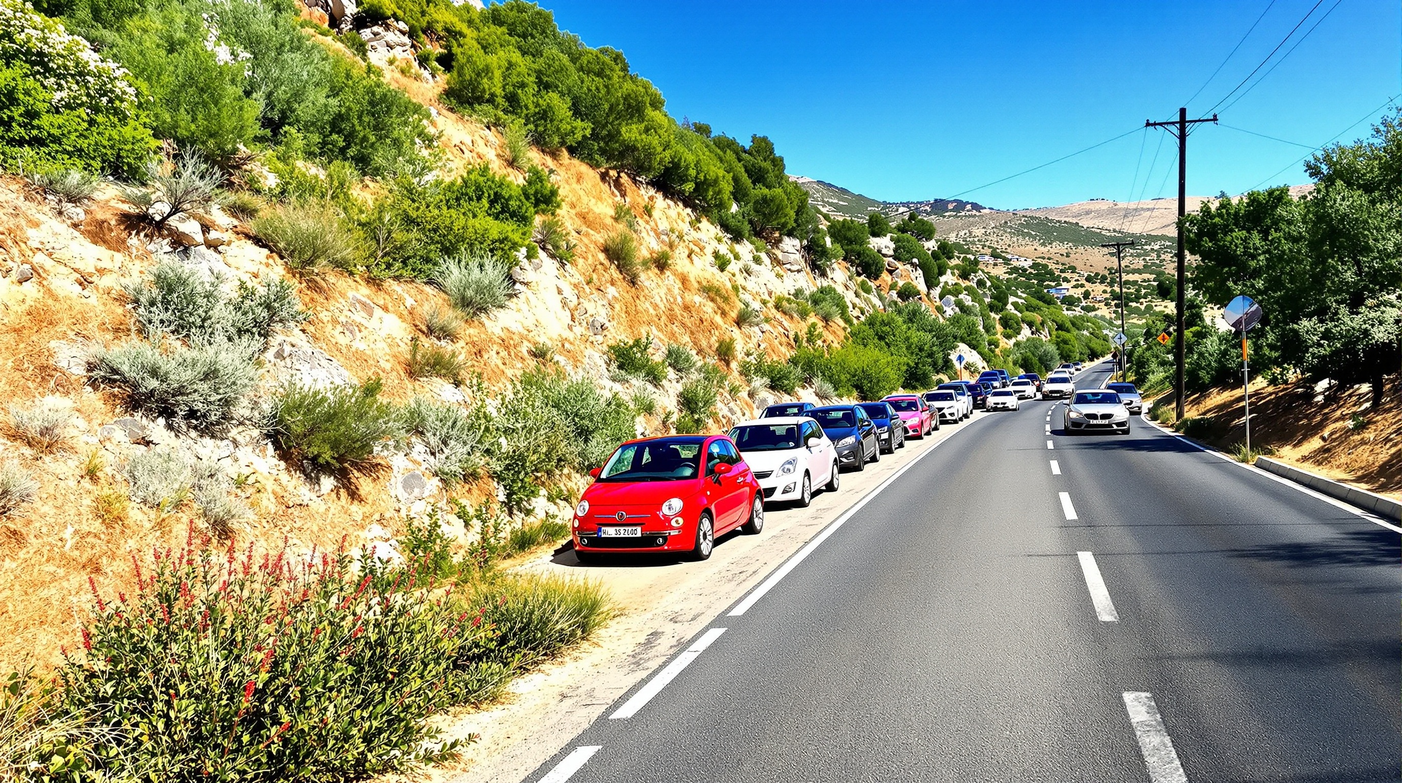 parking improvisé Zoza D20 Corse plein été voitures bas-côté compétition étroitesse