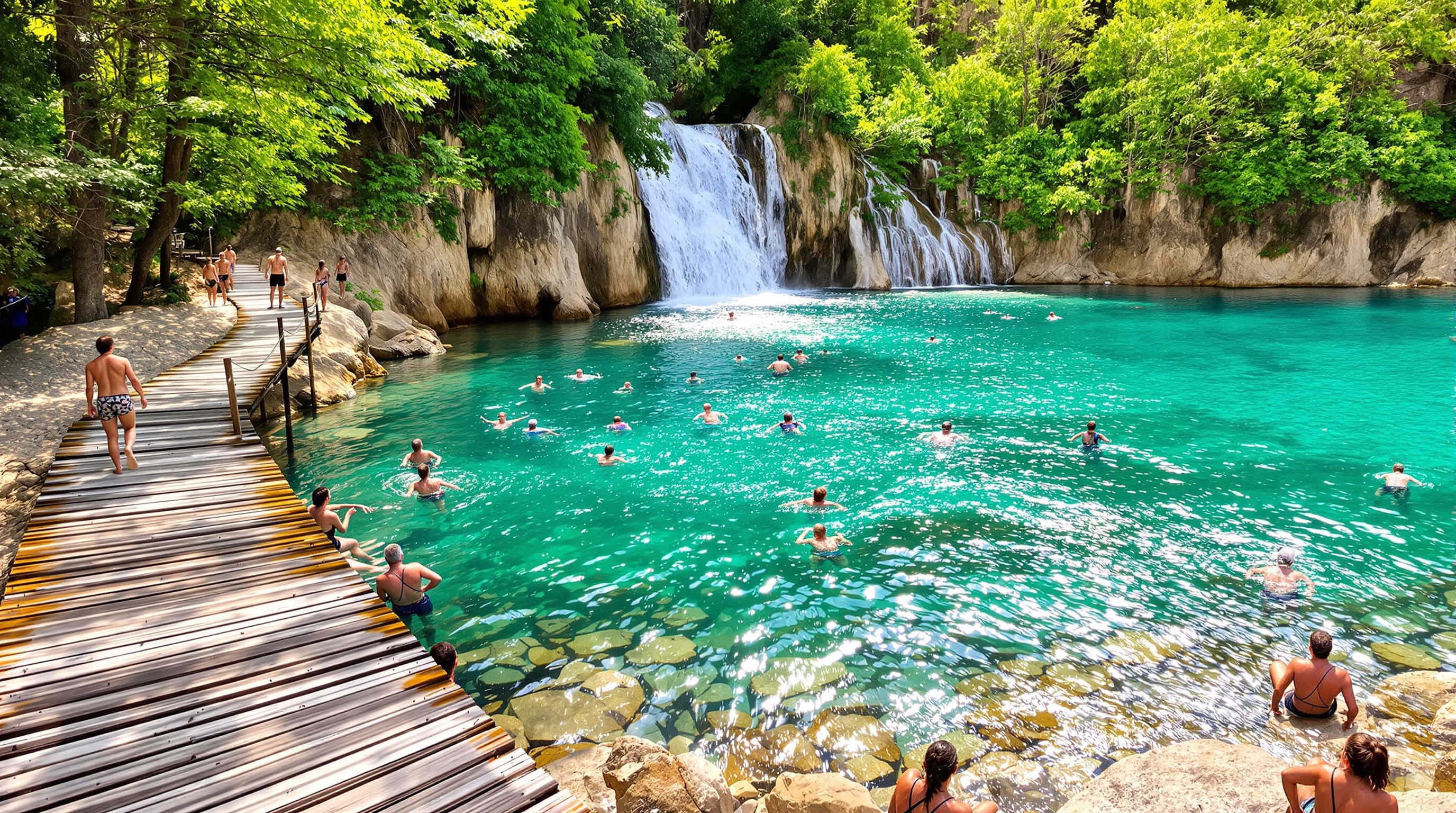 Passerelles en bois longeant la rivière Algar avec cascade du Toll de la Caldera et baigneurs estivaux