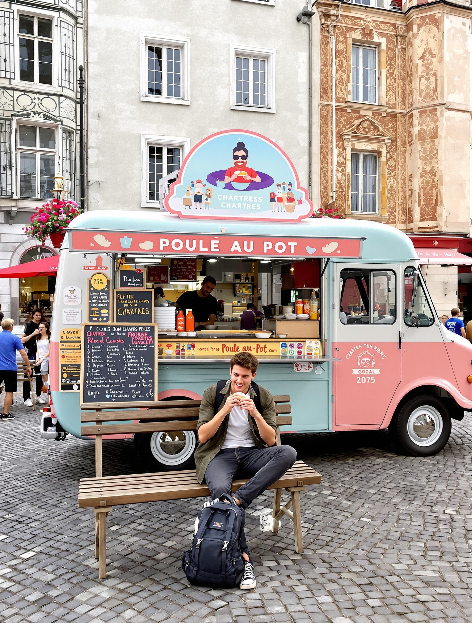 Pause food-truck à Chartres, midi, jeune voyageur savourant une Poule au Pot revisitée devant un camion rétro.