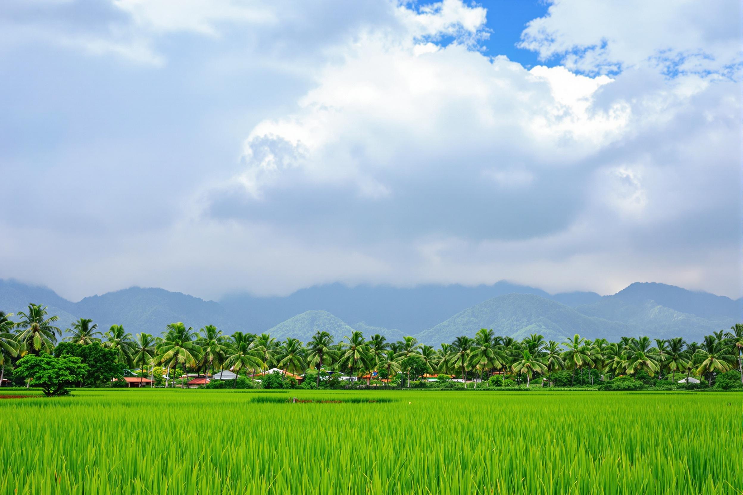Paysage typique du Sri Lanka avec rizières, palmiers et montagnes brumeuses.