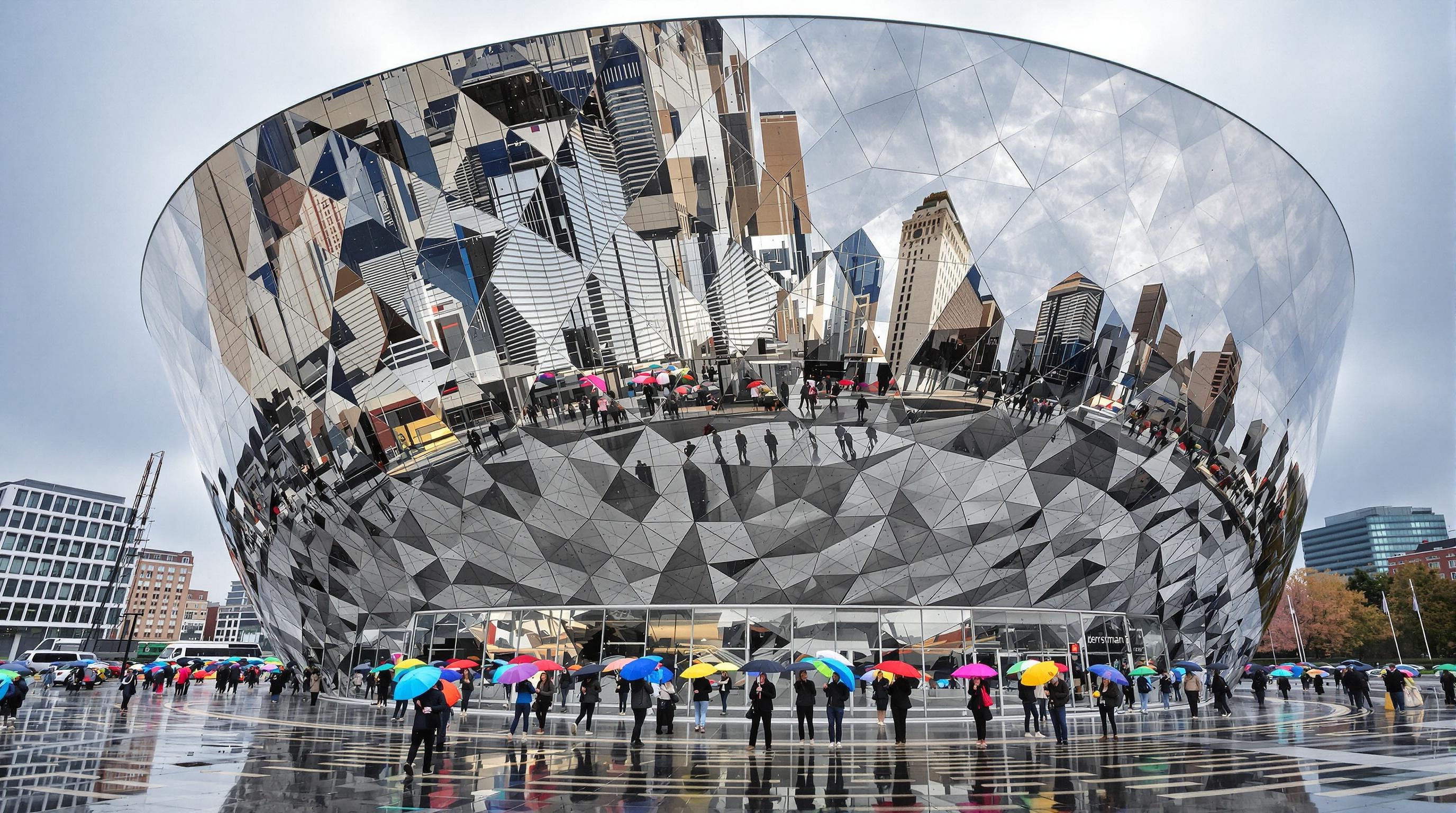 Personnes avec parapluies devant le bâtiment miroir du Depot Boijmans Van Beuningen à Rotterdam.