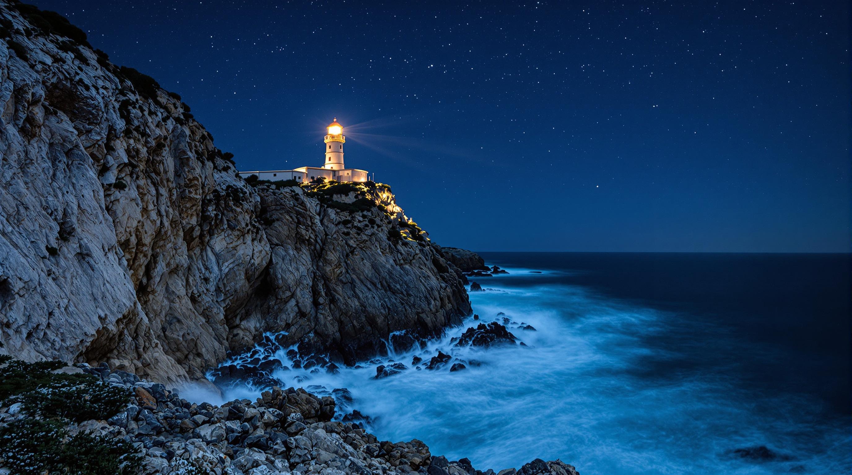 Vue nocturne sur le phare de Pertusato, Corse, avec ressac puissant sur les falaises, ambiance slow travel