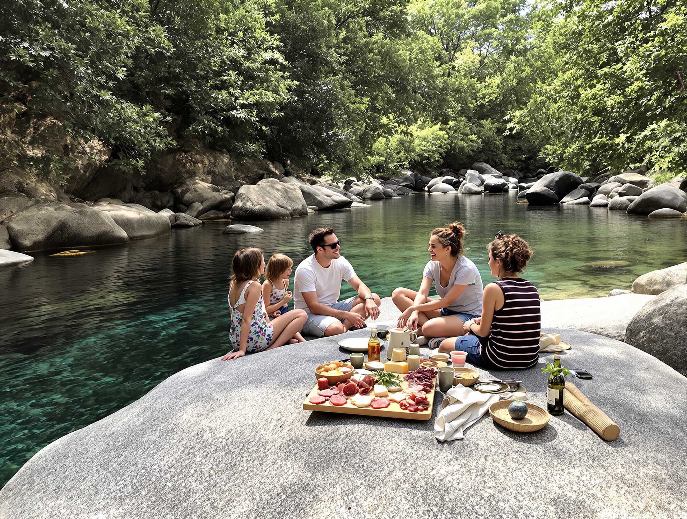 Pique-nique familial sur un rocher au bord de la rivière Restonica