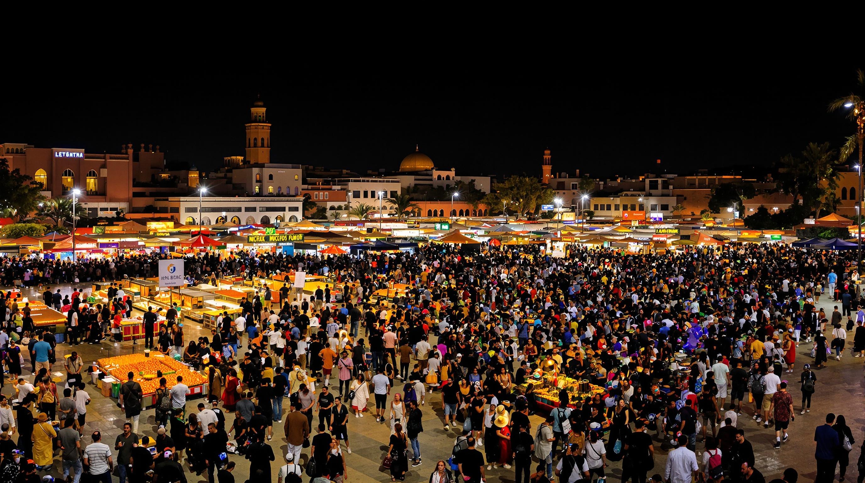 Place Jemaa el-Fna de nuit avec foule, charmeurs de serpents et stands colorés.