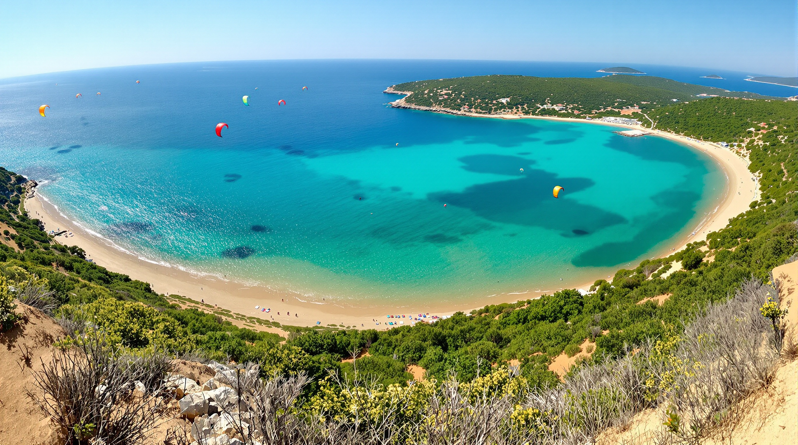 Plage d'Halikounas à Corfou, vue panoramique sur une longue étendue de sable doré entre la mer Ionienne et le lac Korission. Quelques kite-surfs dans le ciel, pas de transats ni de touristes visibles, ambiance sauvage et préservée.