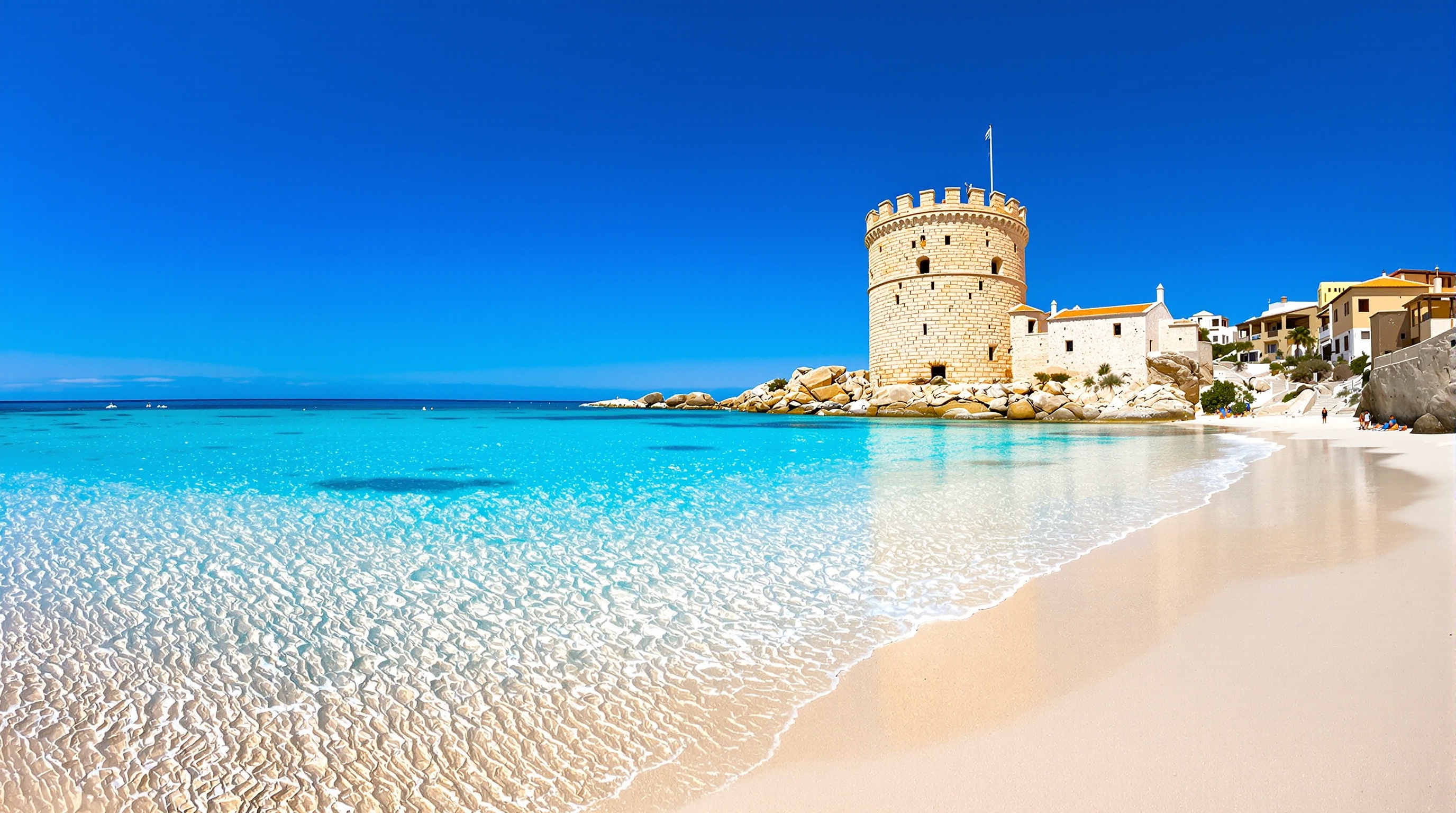 La plage de La Pelosa en Sardaigne, photographiée un matin de juin. On y voit l'eau turquoise translucide, le sable blanc et la tour aragonaise emblématique se découpant sur le ciel bleu.