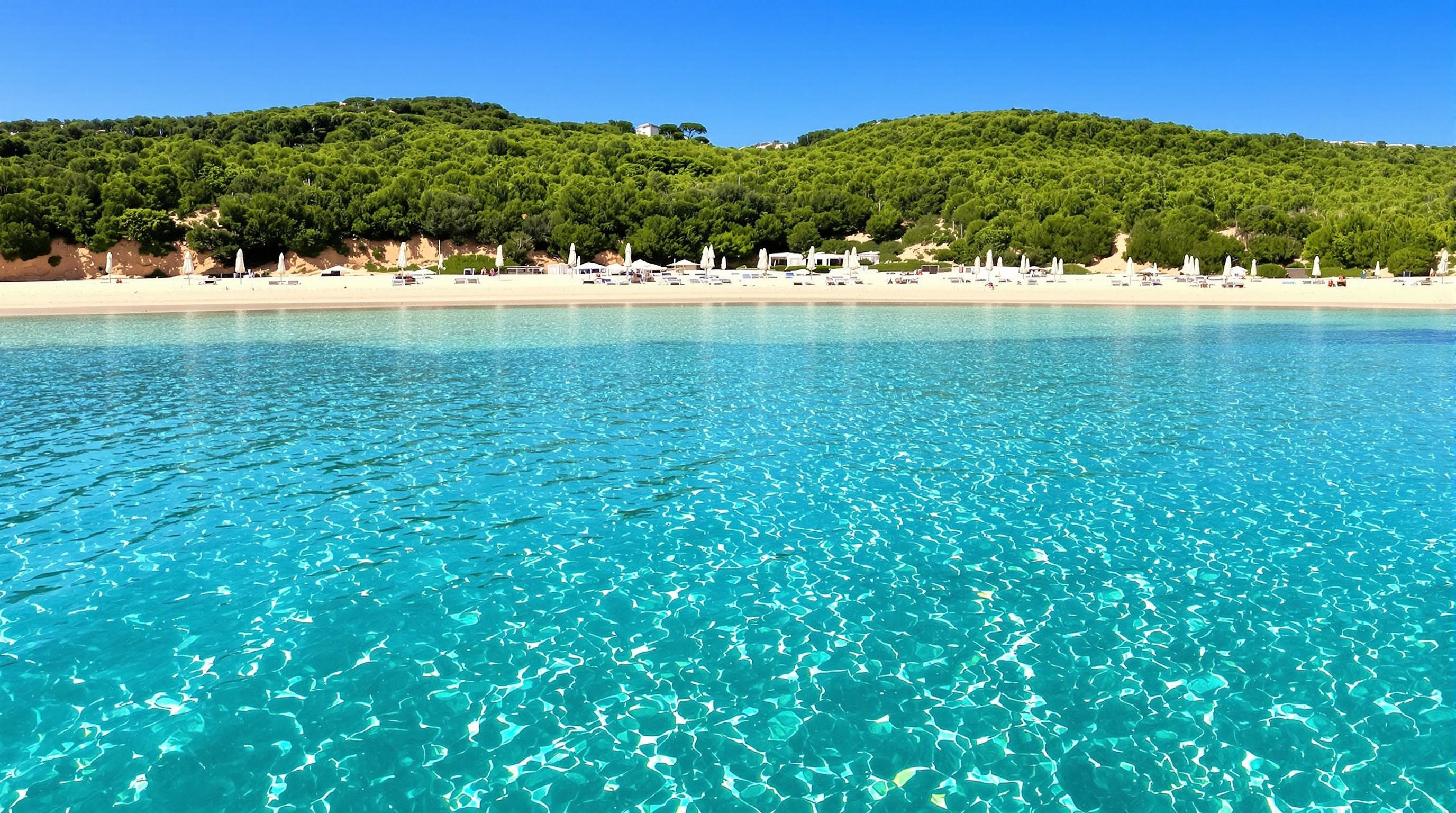Eau turquoise plage du Monastère avec parasols clairsemés et colline verdoyante.