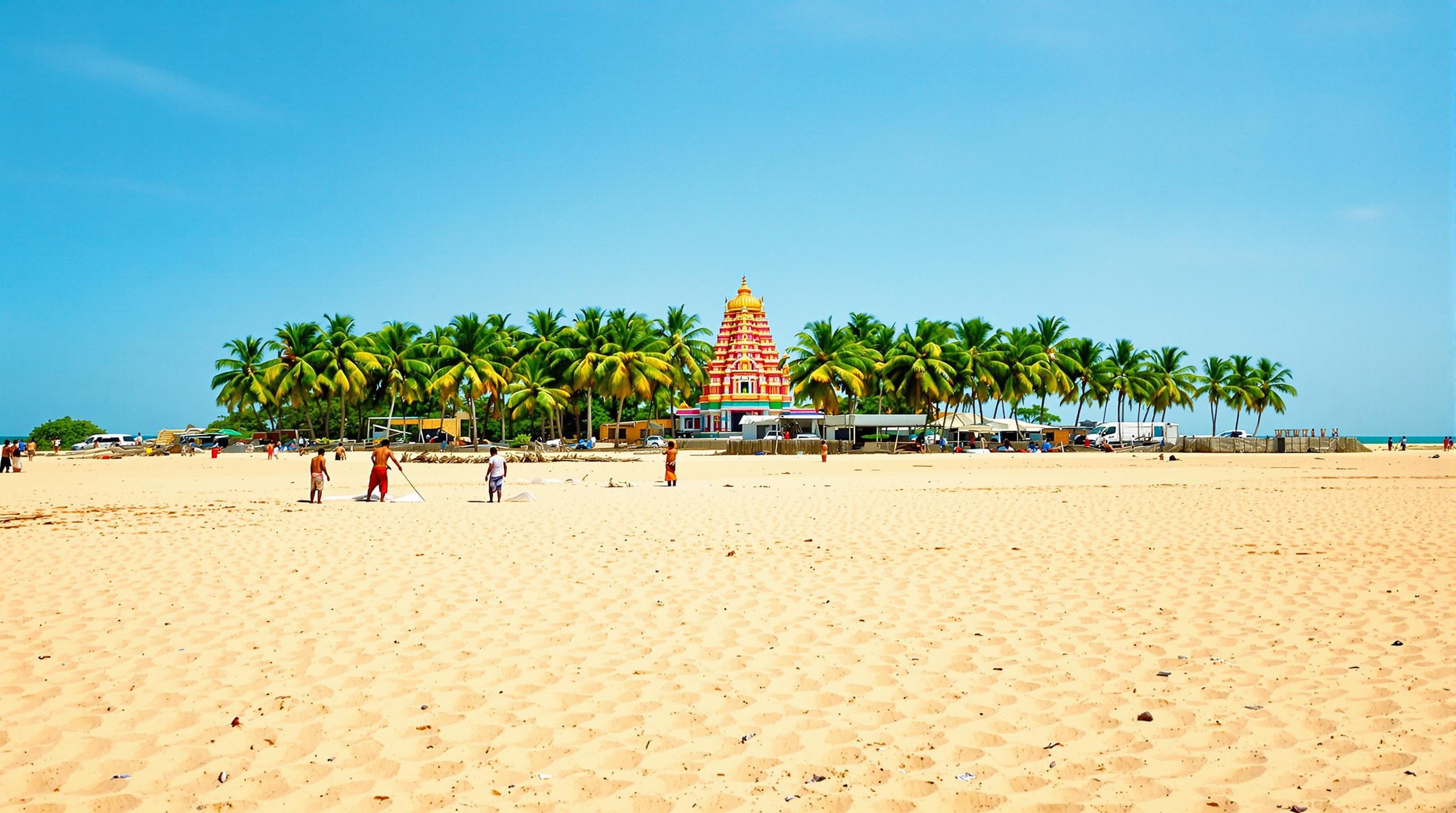 Plage isolée dans le nord de Jaffna, avec un temple coloré au loin.