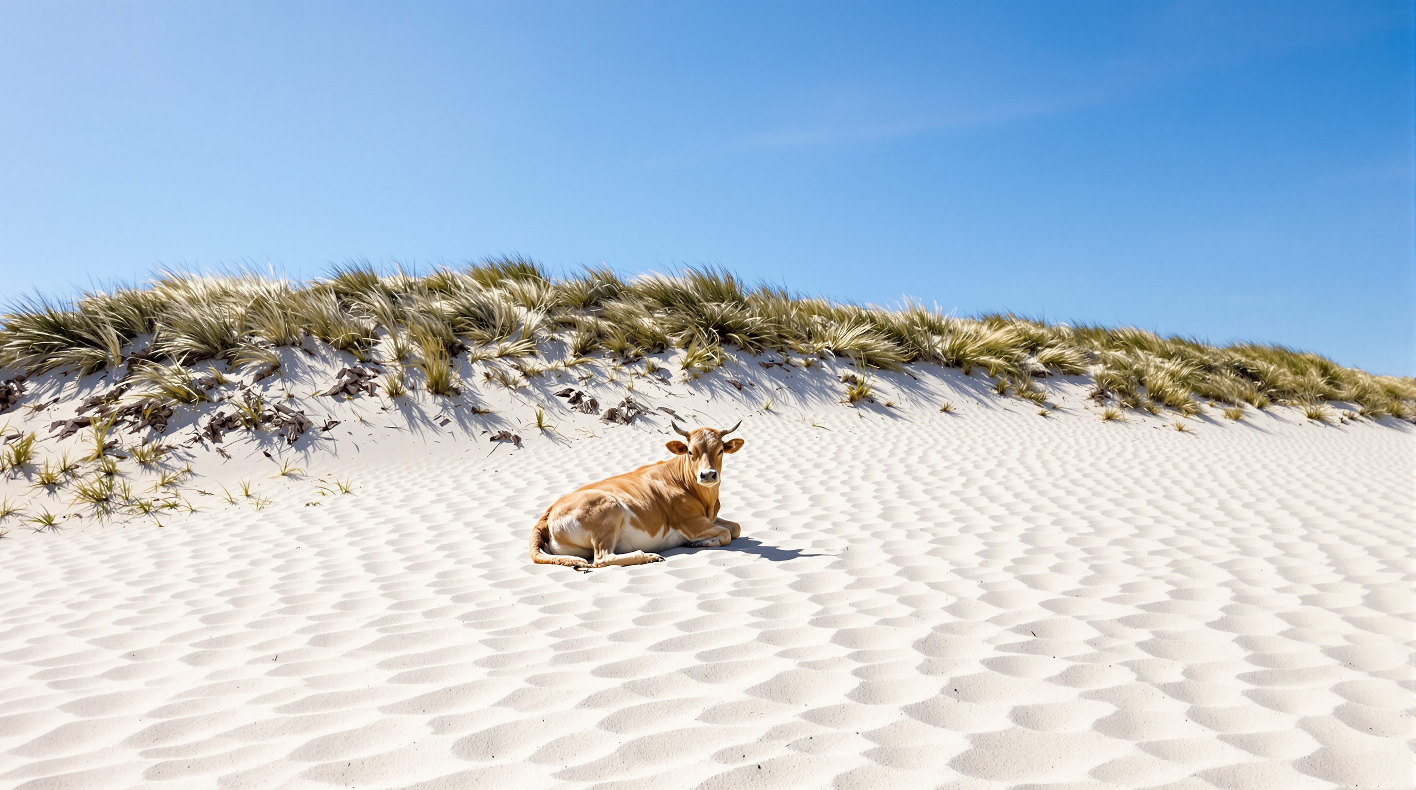 La plage sauvage de l'Ostriconi avec sable blanc et fin, dunes en arrière-plan et vache corse allongée au soleil.
