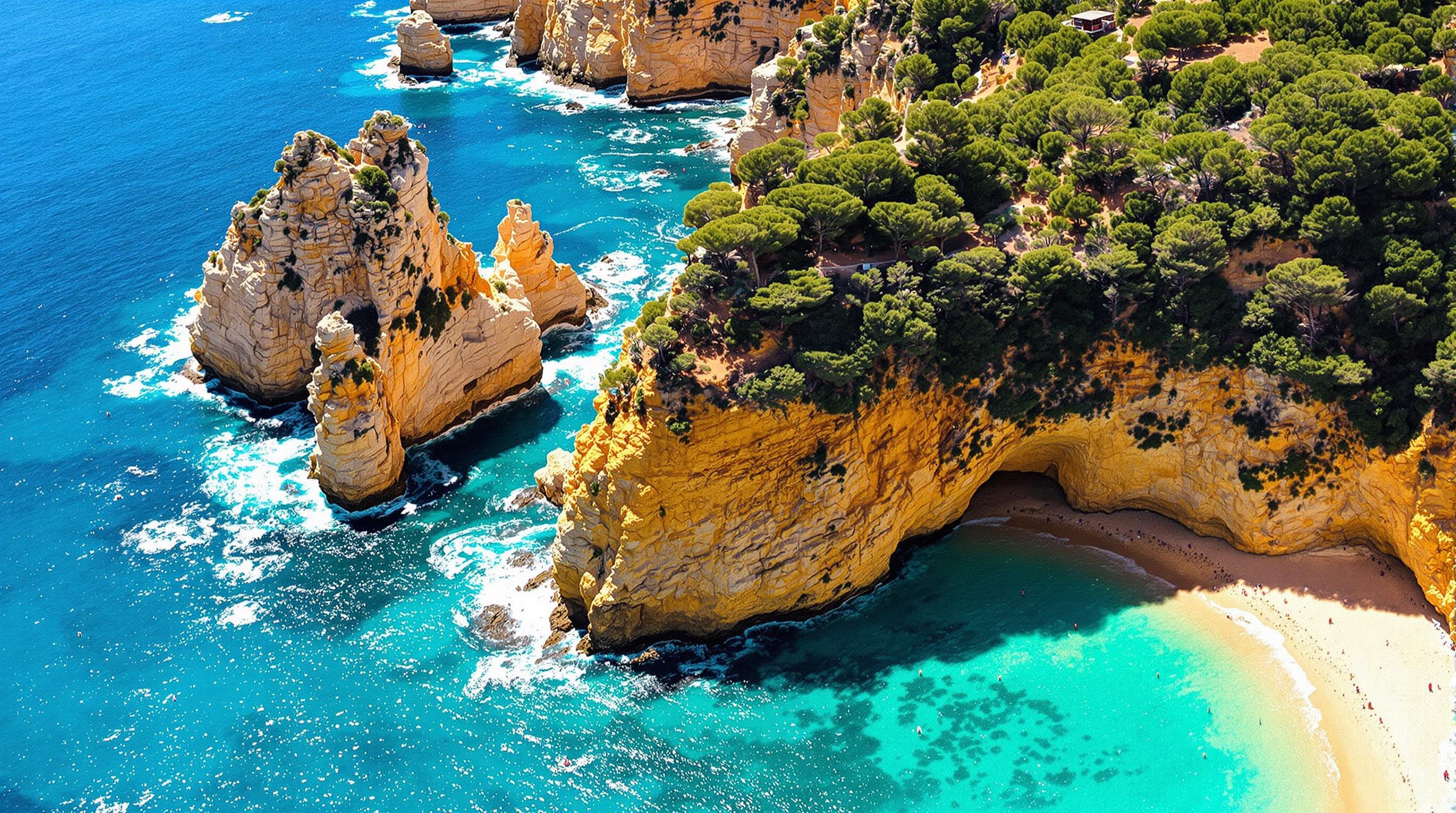 Vue aérienne de criques secrètes autour de Ferragudo, Algarve, eau turquoise et ambiance sauvage