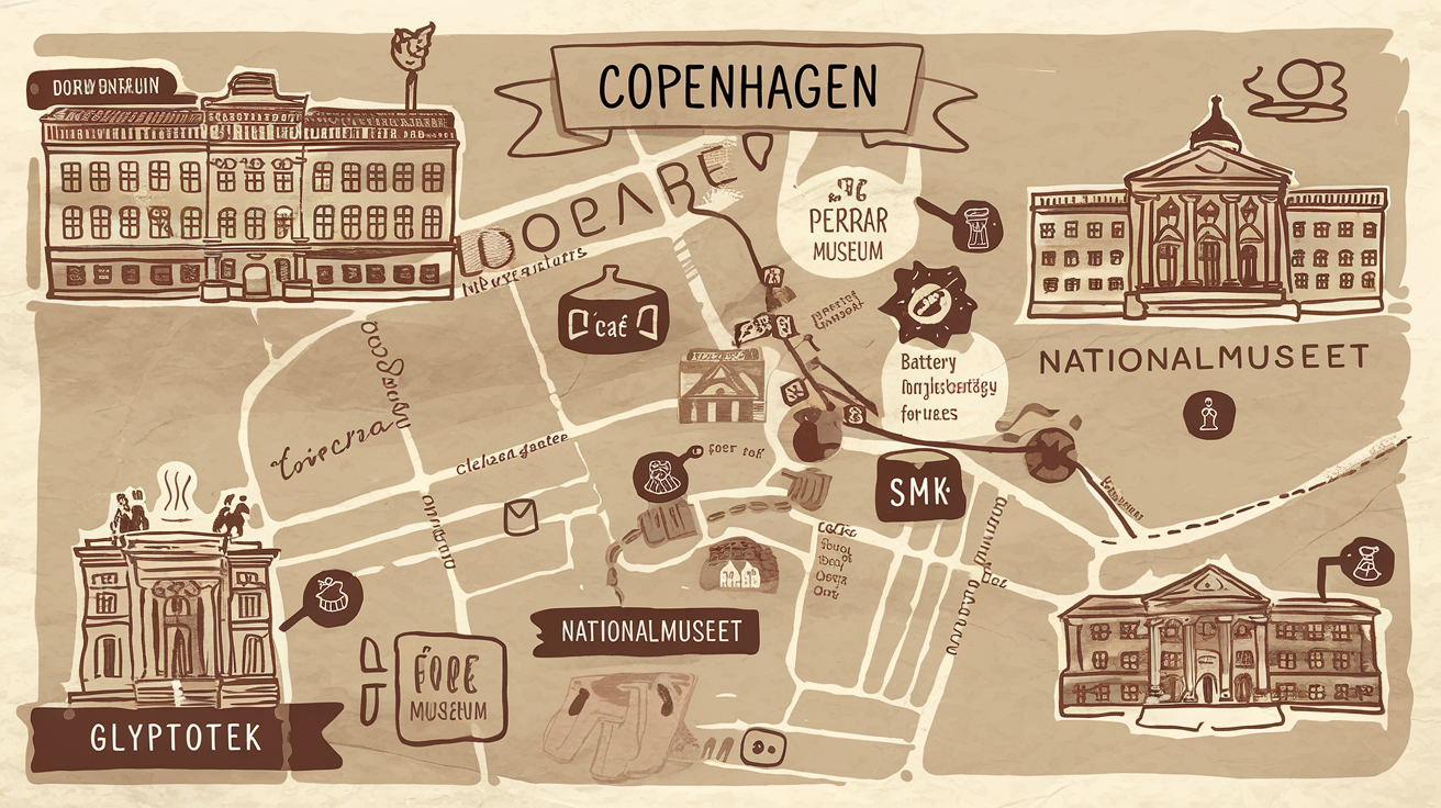 Itinéraire piéton musées centre Copenhague café wifi