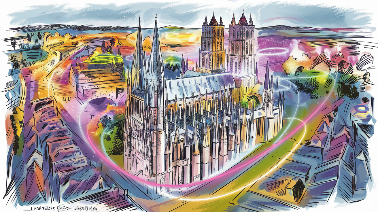Plan dynamique du centre historique de Chartres avec focus Cathédrale, ruelles et halo lumineux.