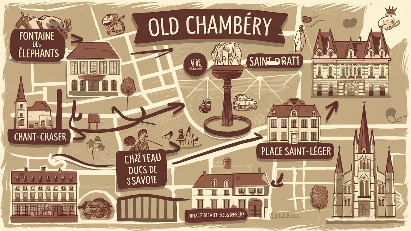 Carte façon carnet de voyage d’un itinéraire à pied dans le vieux Chambéry