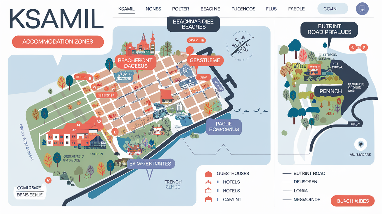 Plan des quartiers où loger à Ksamil centre-ville plages Butrint road distances.