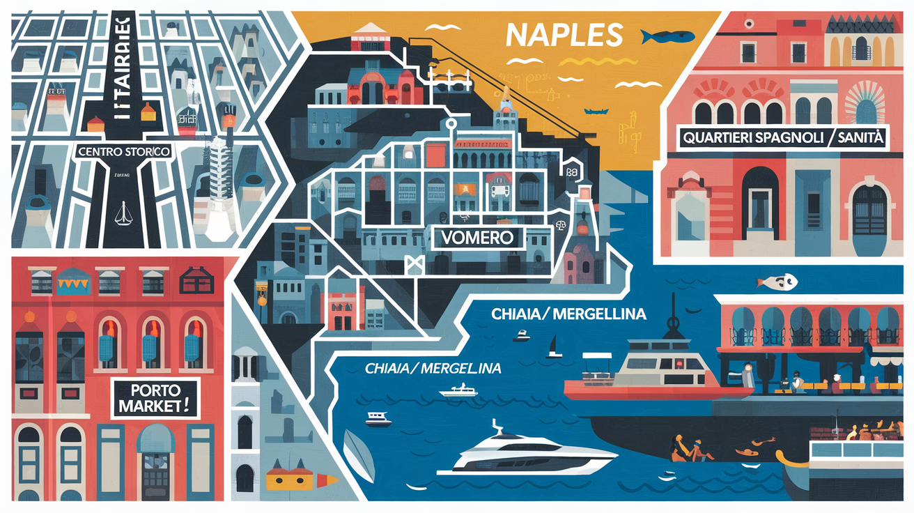Plan stylisé des 5 quartiers clés de Naples : Centro Storico, Vomero, Chiaia, Quartieri Spagnoli, Porto.