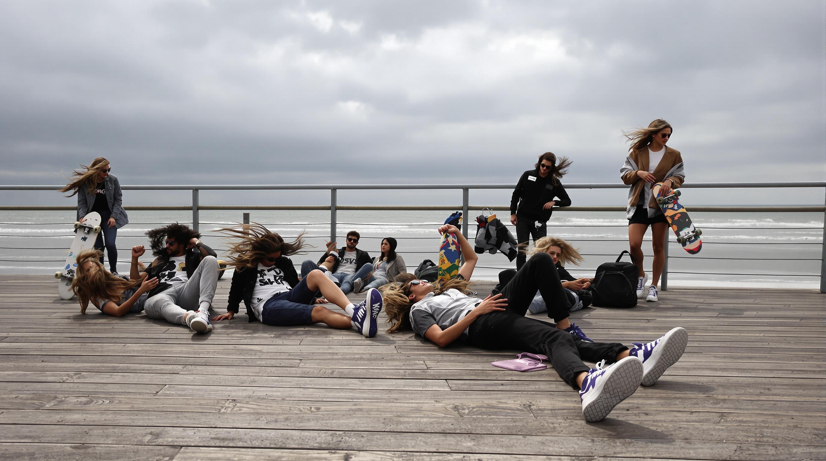 Les Planches de Deauville, ambiance ventée et urbaine, jeunes flâneurs stylés.