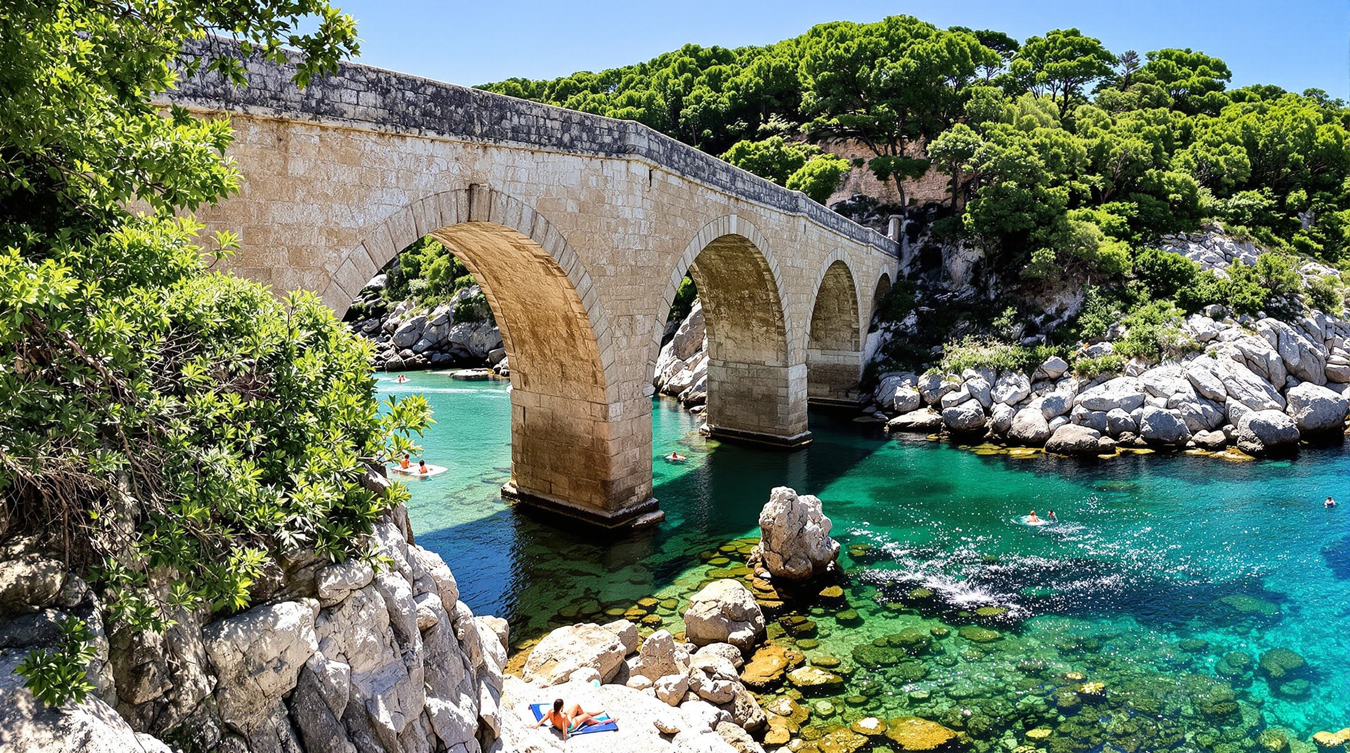 Le Ponte Vecchju de Zoza pont génois enjambe vasques émeraude baigneurs rochers chauffés soleil