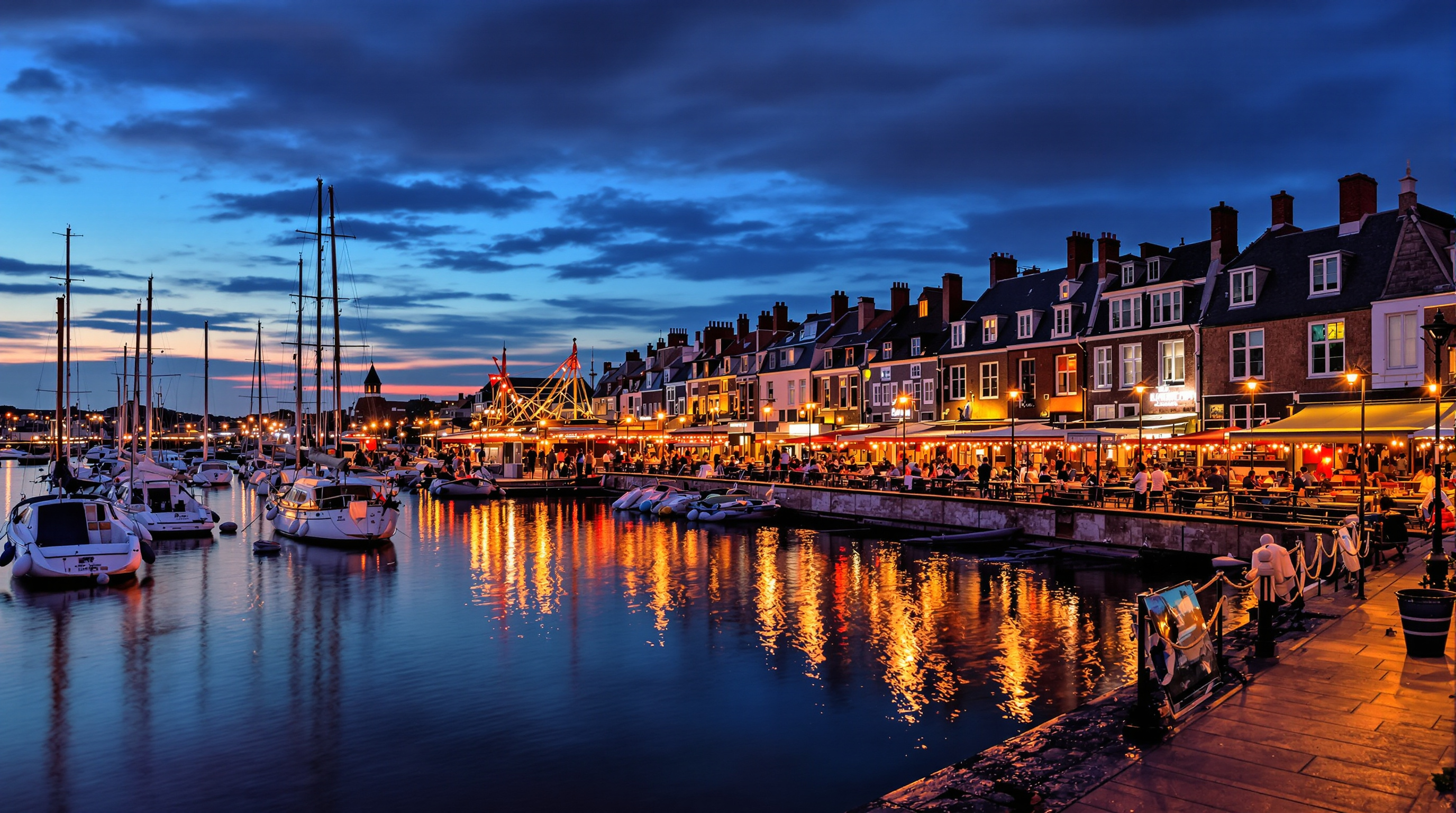 Scène animée du Port du Légué à Saint-Brieuc, avec terrasses remplies, bateaux amarrés, ambiance conviviale au crépuscule