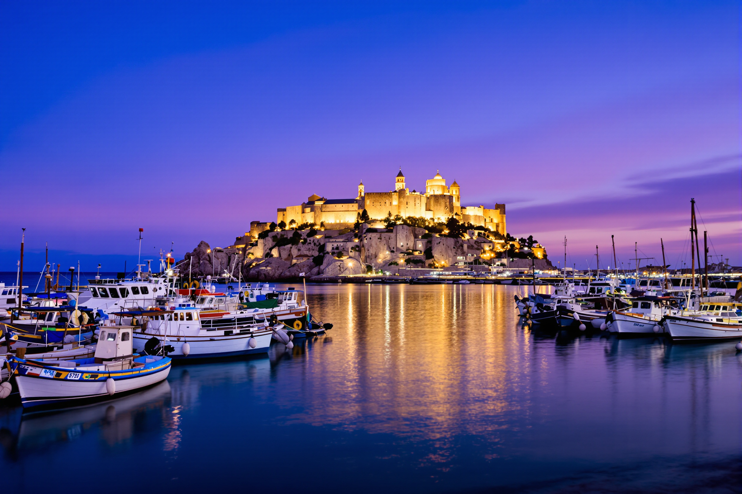 Port de pêche traditionnel de Peñíscola au crépuscule avec bateaux amarrés et silhouette illuminée du château.