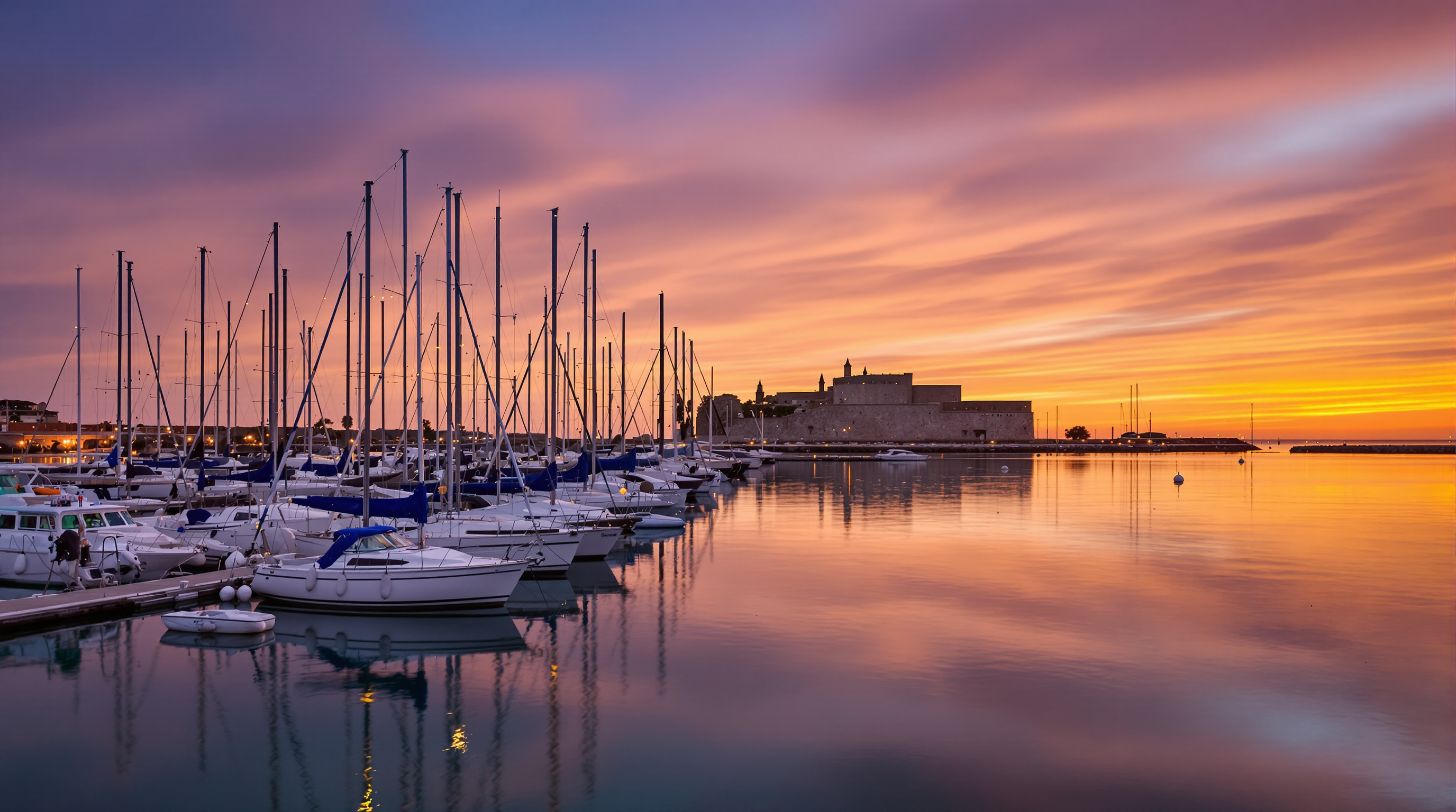 Vue du port de plaisance de Saint-Florent au lever du soleil.