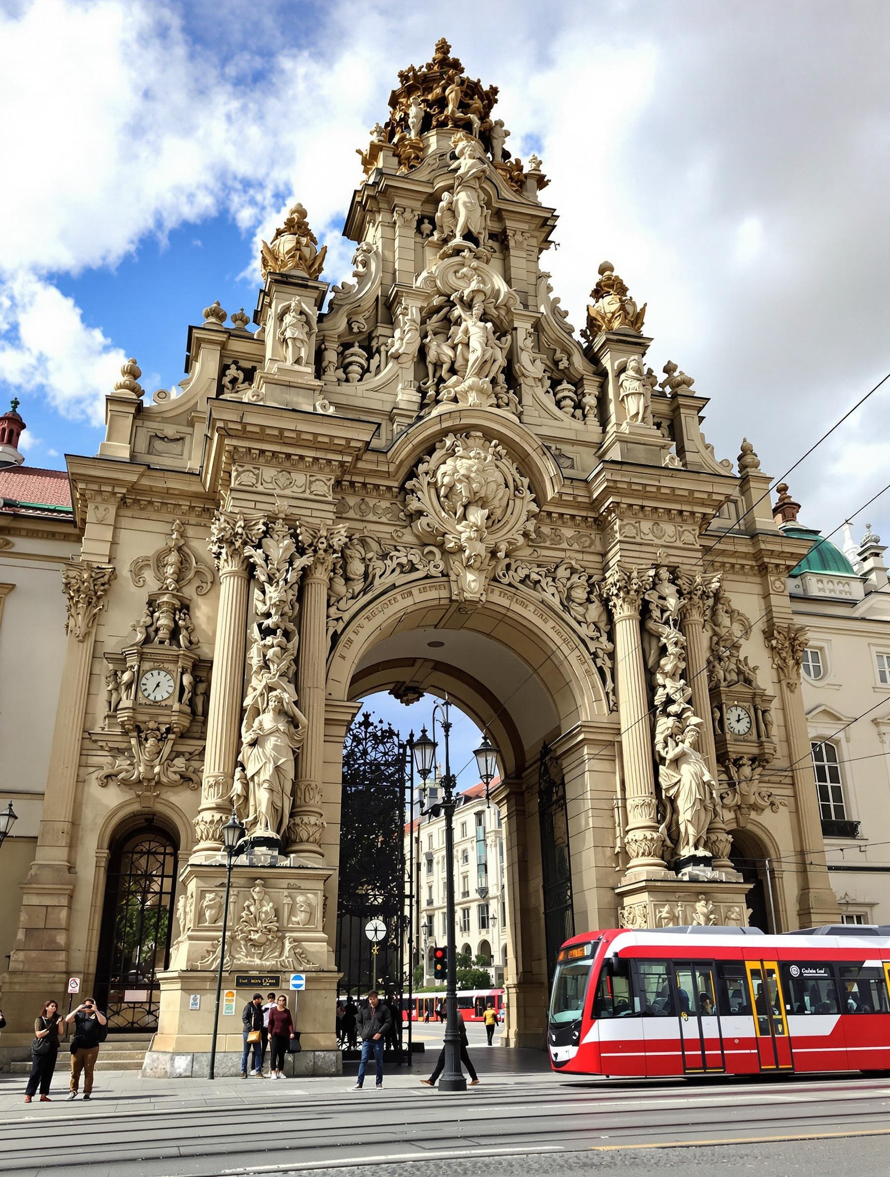 Vue de la porte baroque principale des Jardins Wallenstein, rue Letenská.