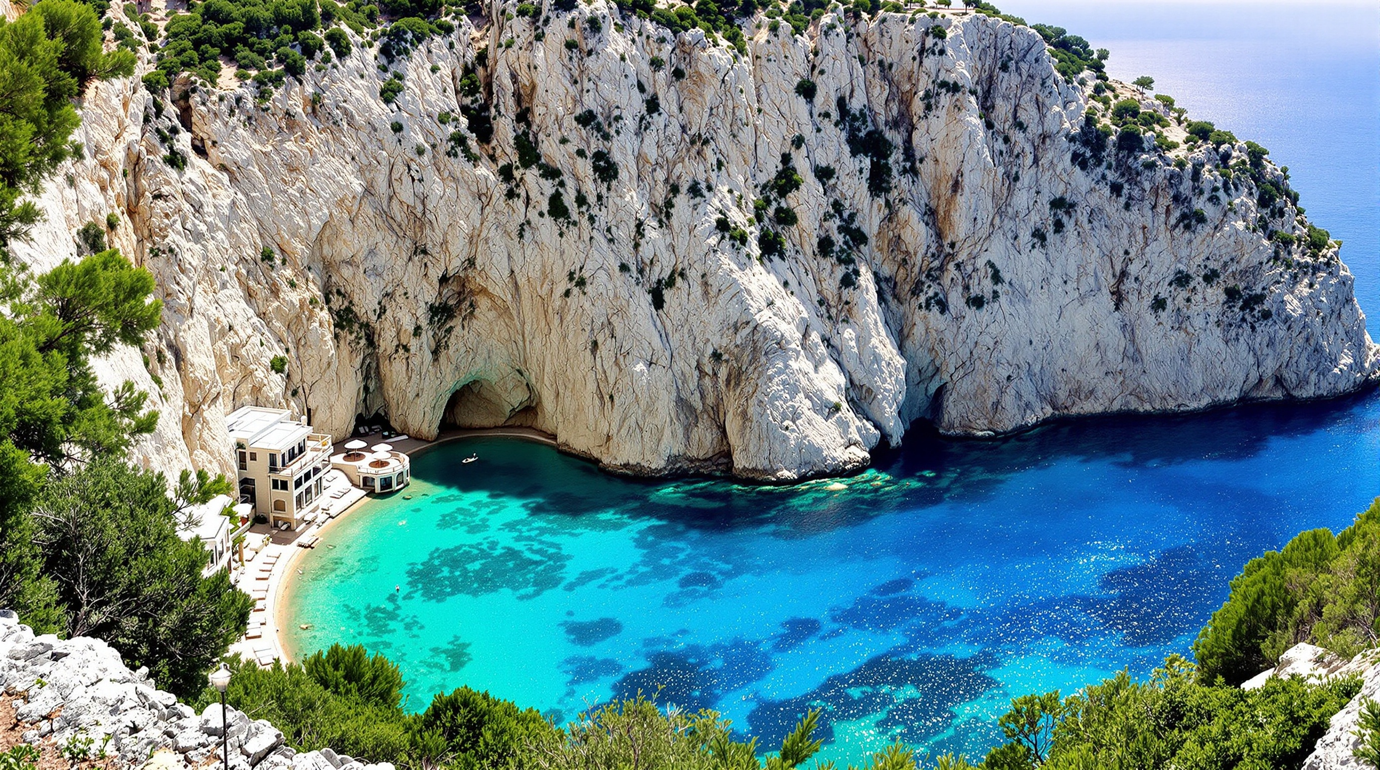 Vue panoramique sur la crique rocheuse et l'eau turquoise de Porto Limnionas à Zakynthos