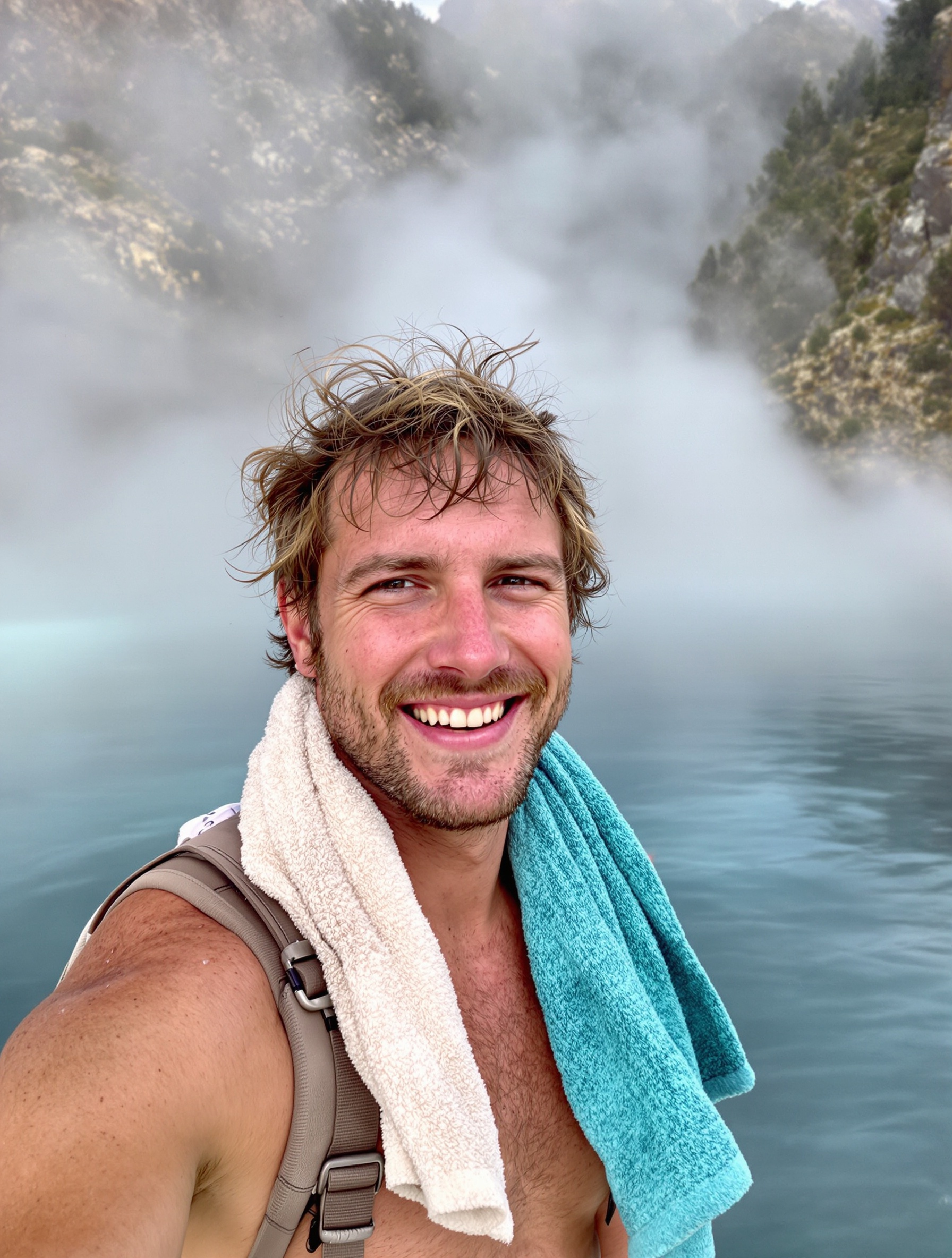 Backpacker heureux devant bassin thermal corse sauvage