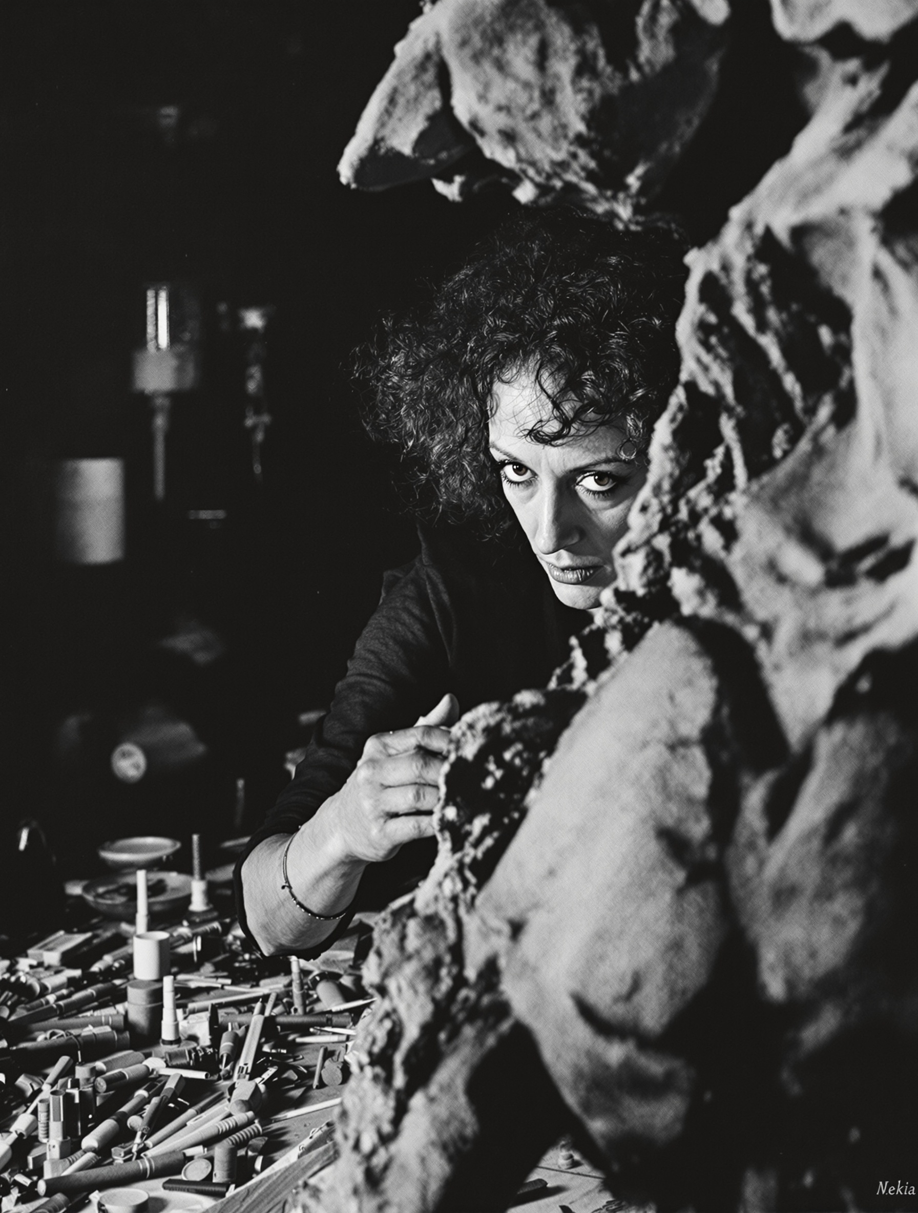 Portrait noir et blanc de Niki de Saint Phalle, concentrée, travaillant sur une sculpture monumentale.