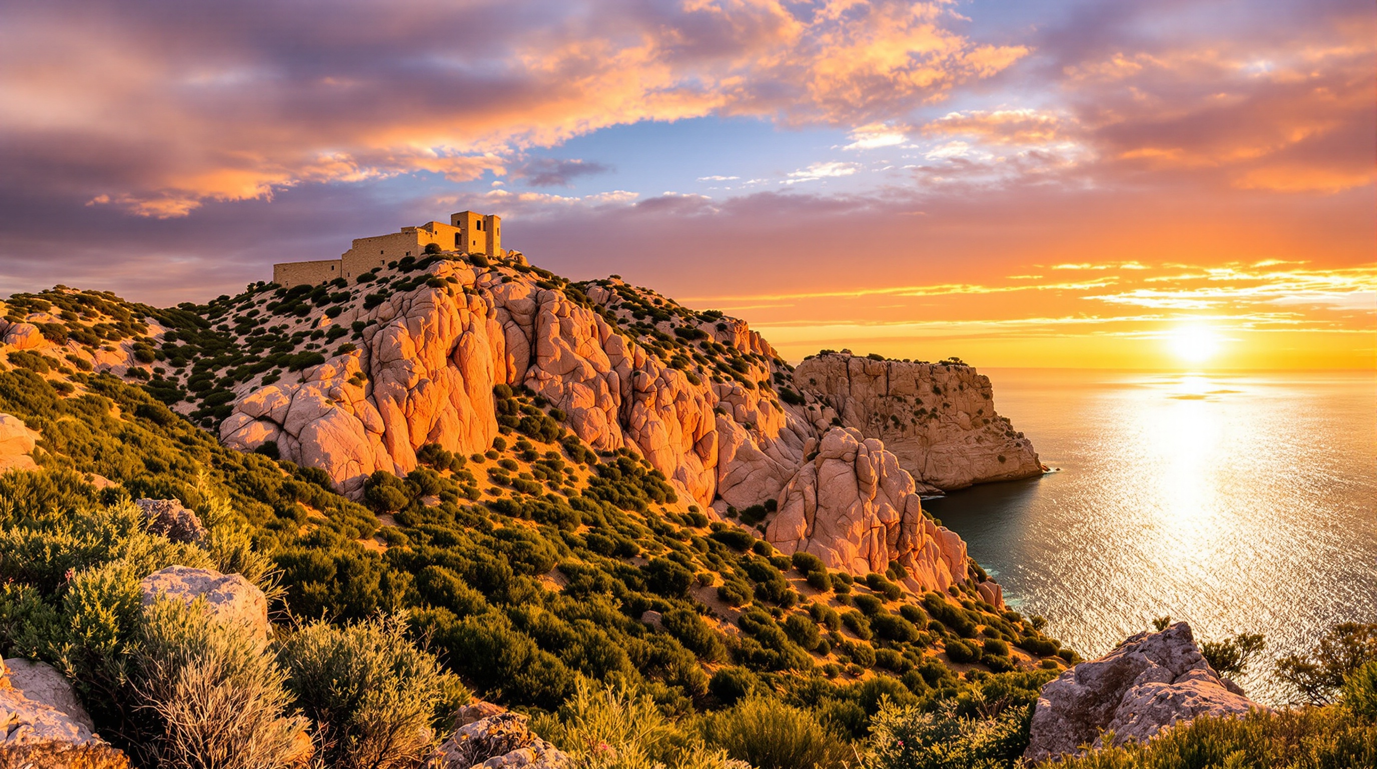 Vue panoramique de Punta Spano au coucher du soleil rochers granit rose tour génoise maquis mer