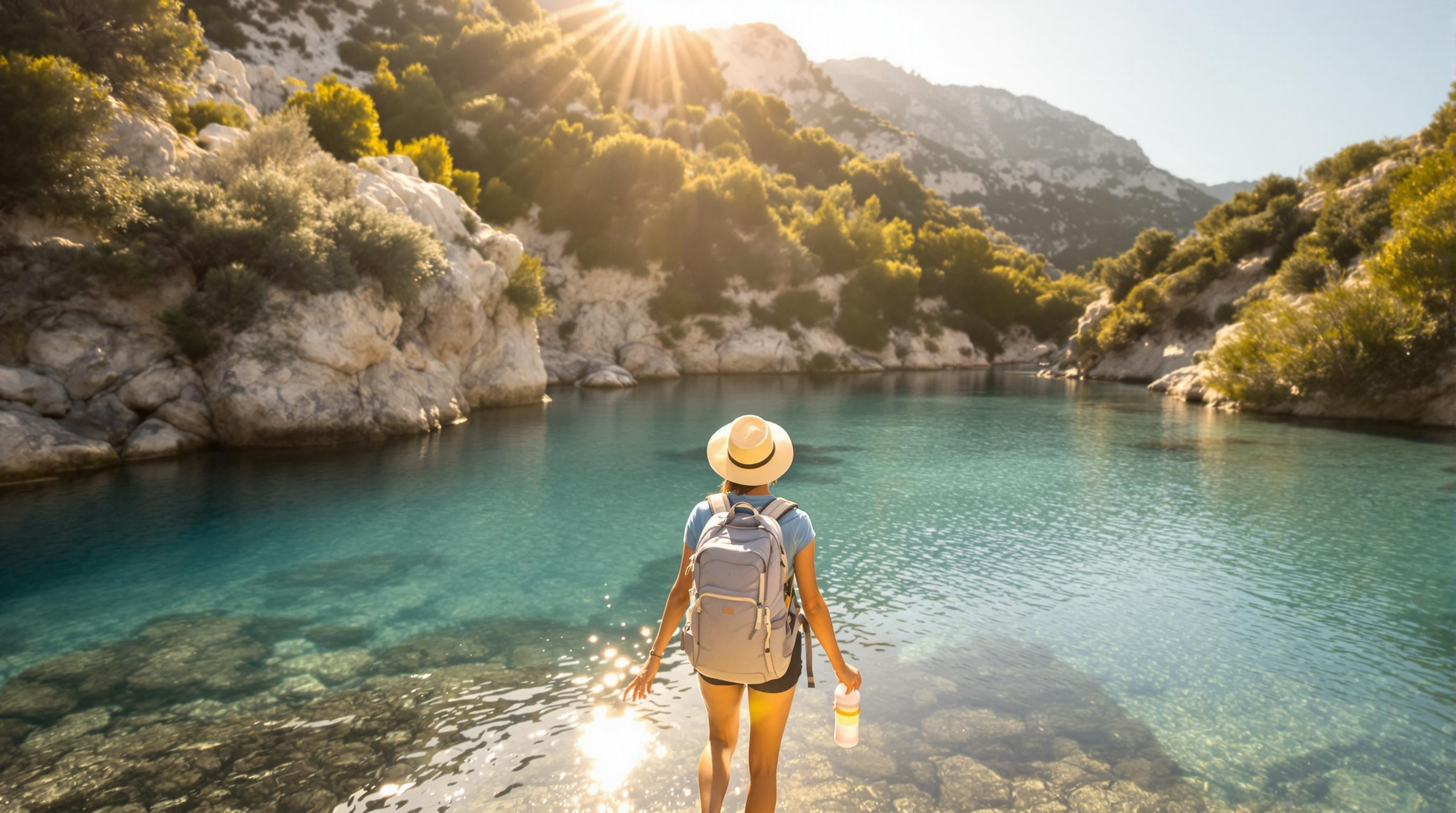 Randonneur contemplant une piscine naturelle sauvage en Corse, respectant la nature