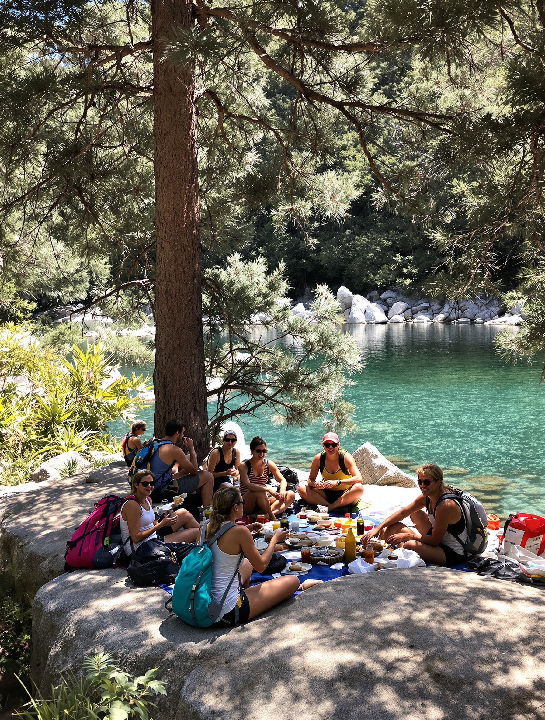 Groupe de randonneurs assis sur rocher profitant d’un pique-nique simple au bord de la rivière Figarella sous les pins laricio