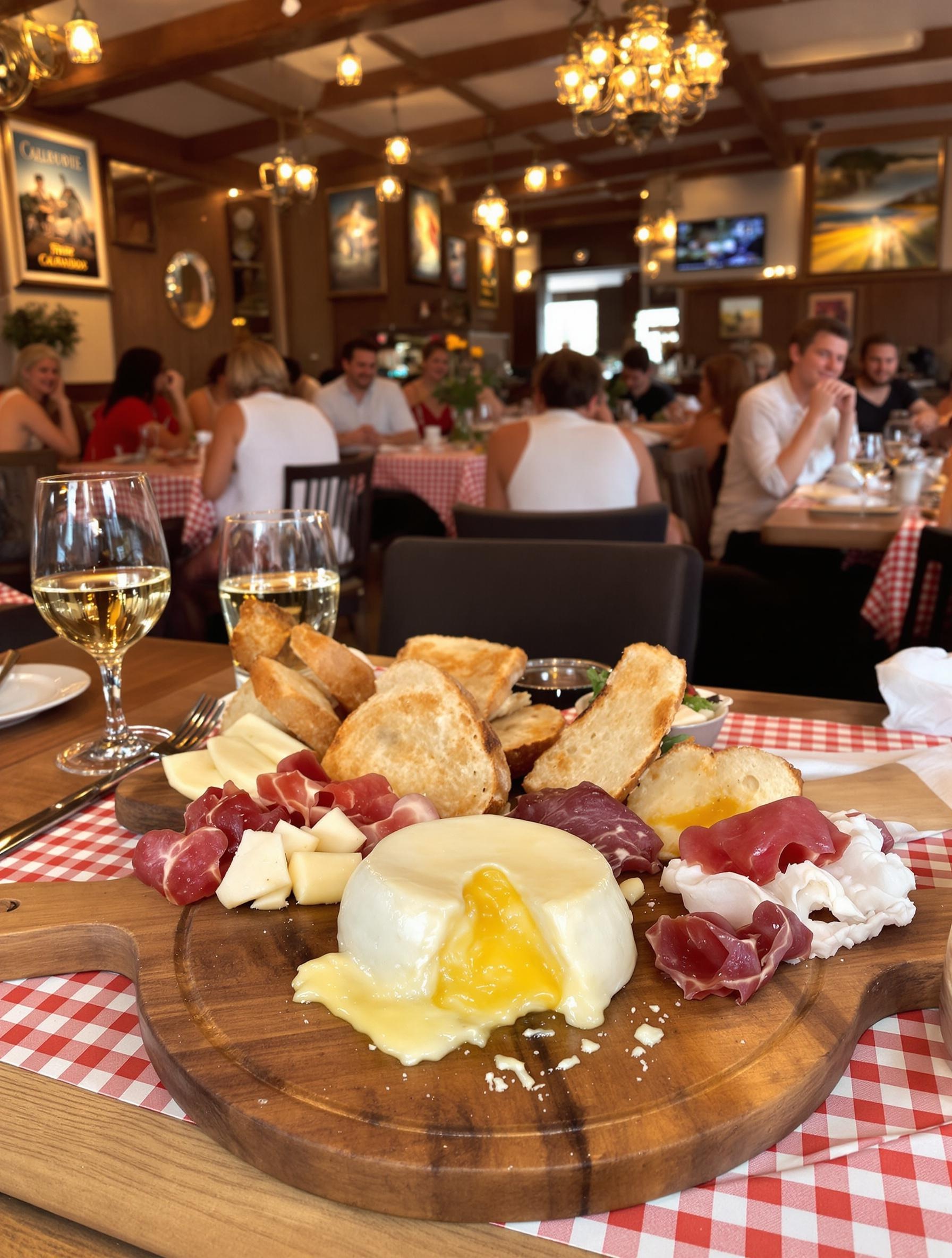 Ambiance conviviale dans un restaurant abordable à Deauville, camembert coulant, Calvados, groupe d'amis qui rient.