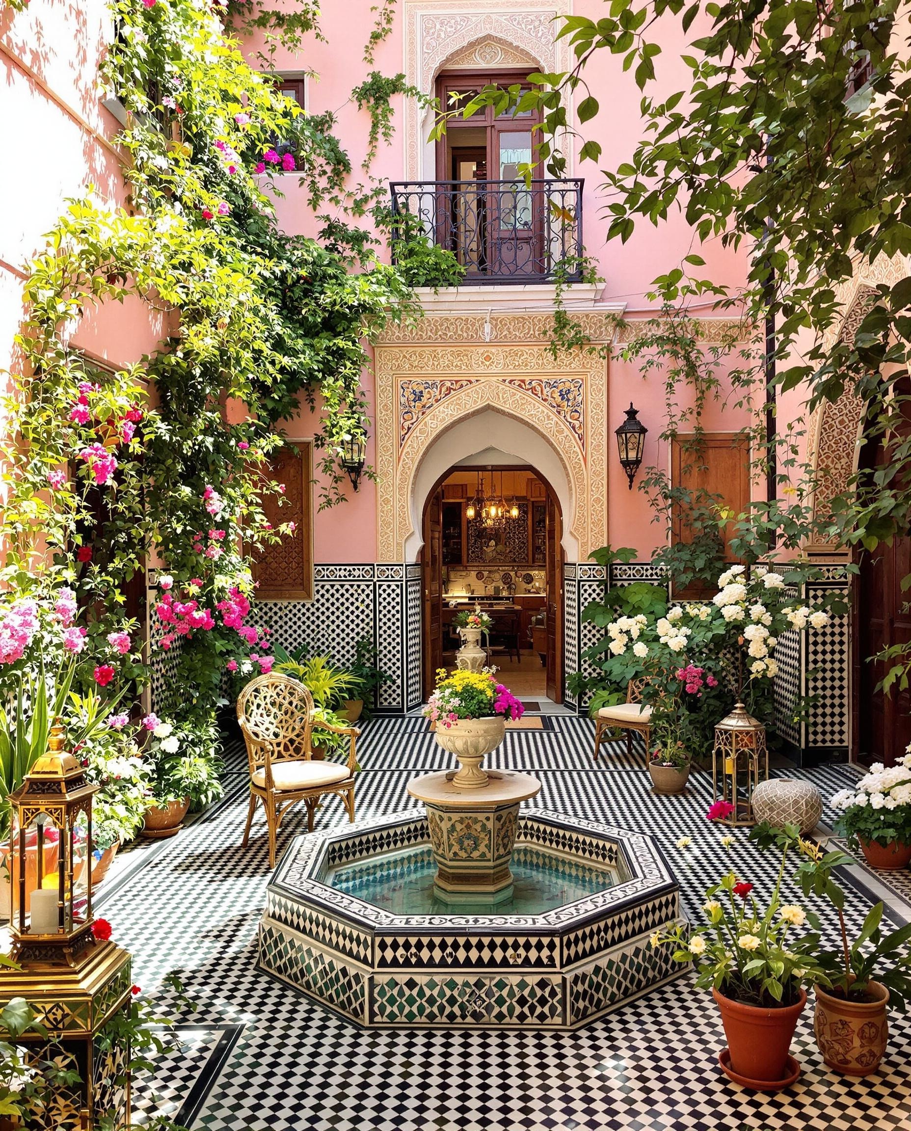 Riad abordable à Marrakech avec patio fleuri, toit wifi et déco artisanale.
