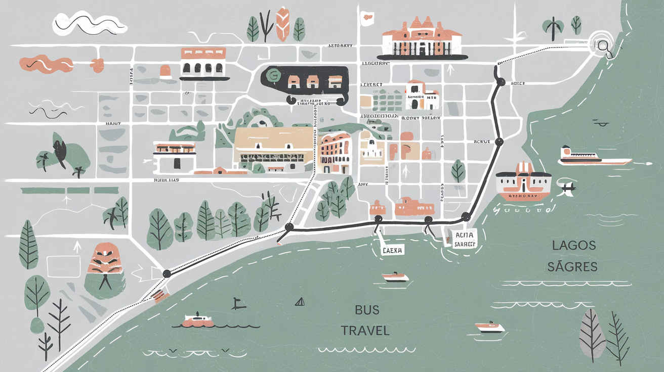 Carte minimaliste d’un road-trip sans voiture en Algarve, bus EVA, surf et randonnées
