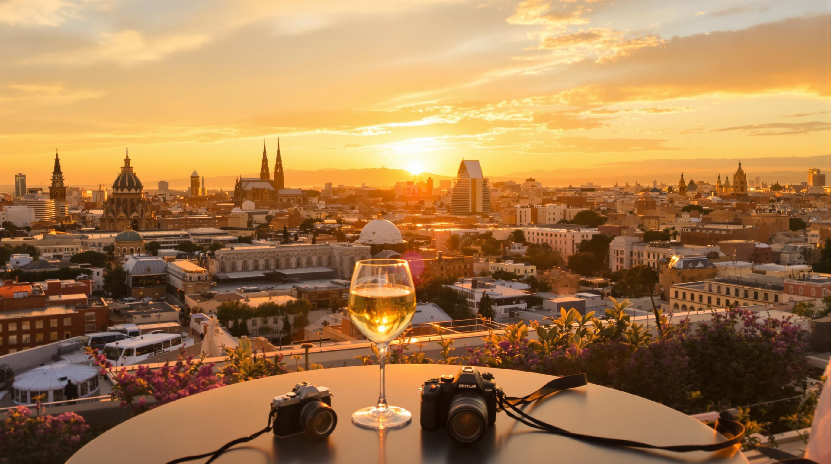 Rooftop sunset face cathédrale: cocktails sur table, SkyBar vs Hotel Colón en transparence