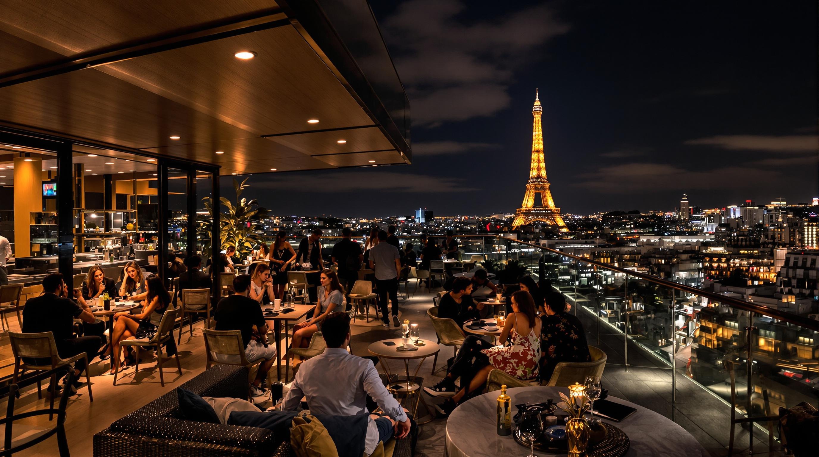 Rooftop bar confidentiel Beaugrenelle vue Tour Eiffel scintillante nuit dresscode chic Paris