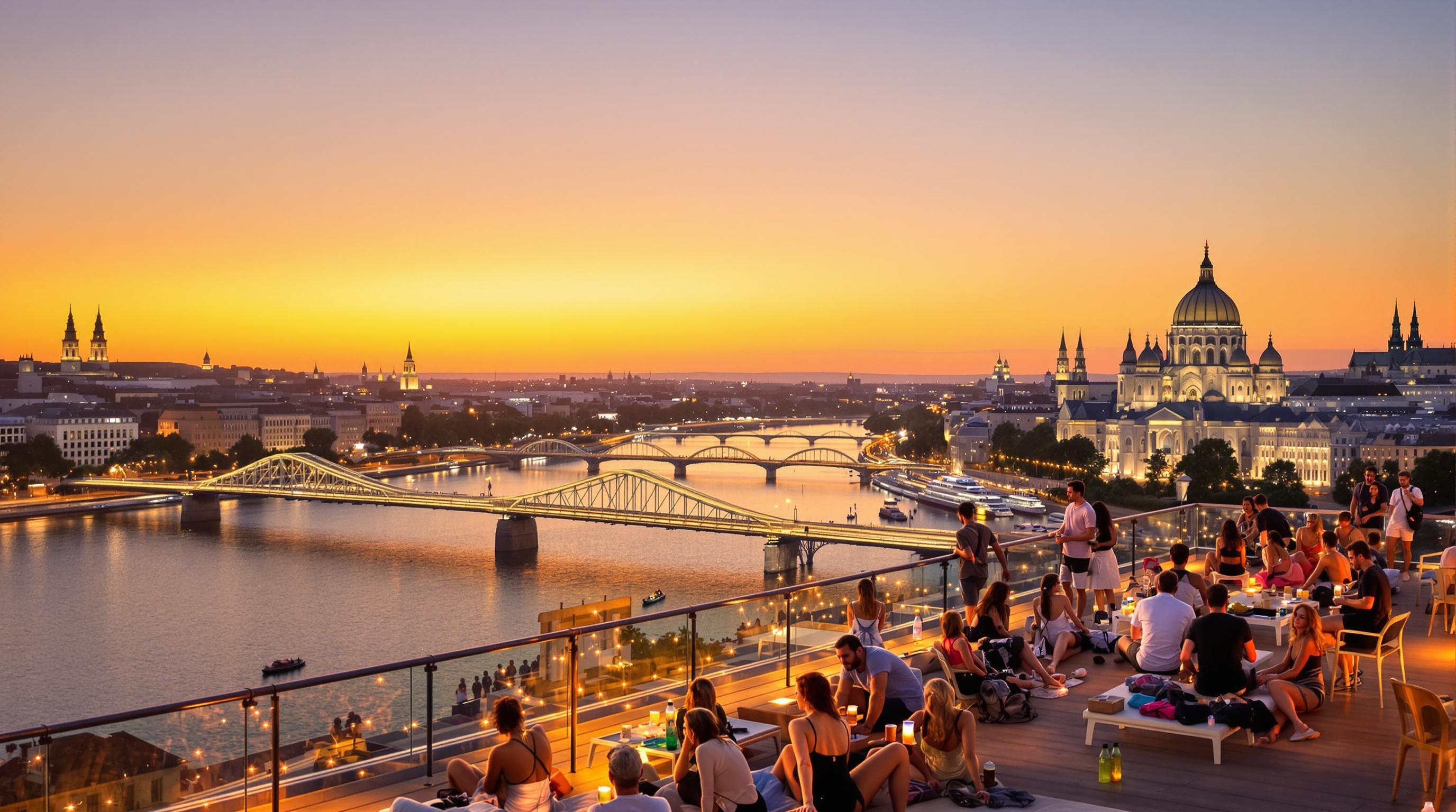 Vue rooftop d’une auberge de jeunesse à Budapest au coucher du soleil avec le Danube, le pont Széchenyi Chain Bridge et la basilique Saint-Étienne