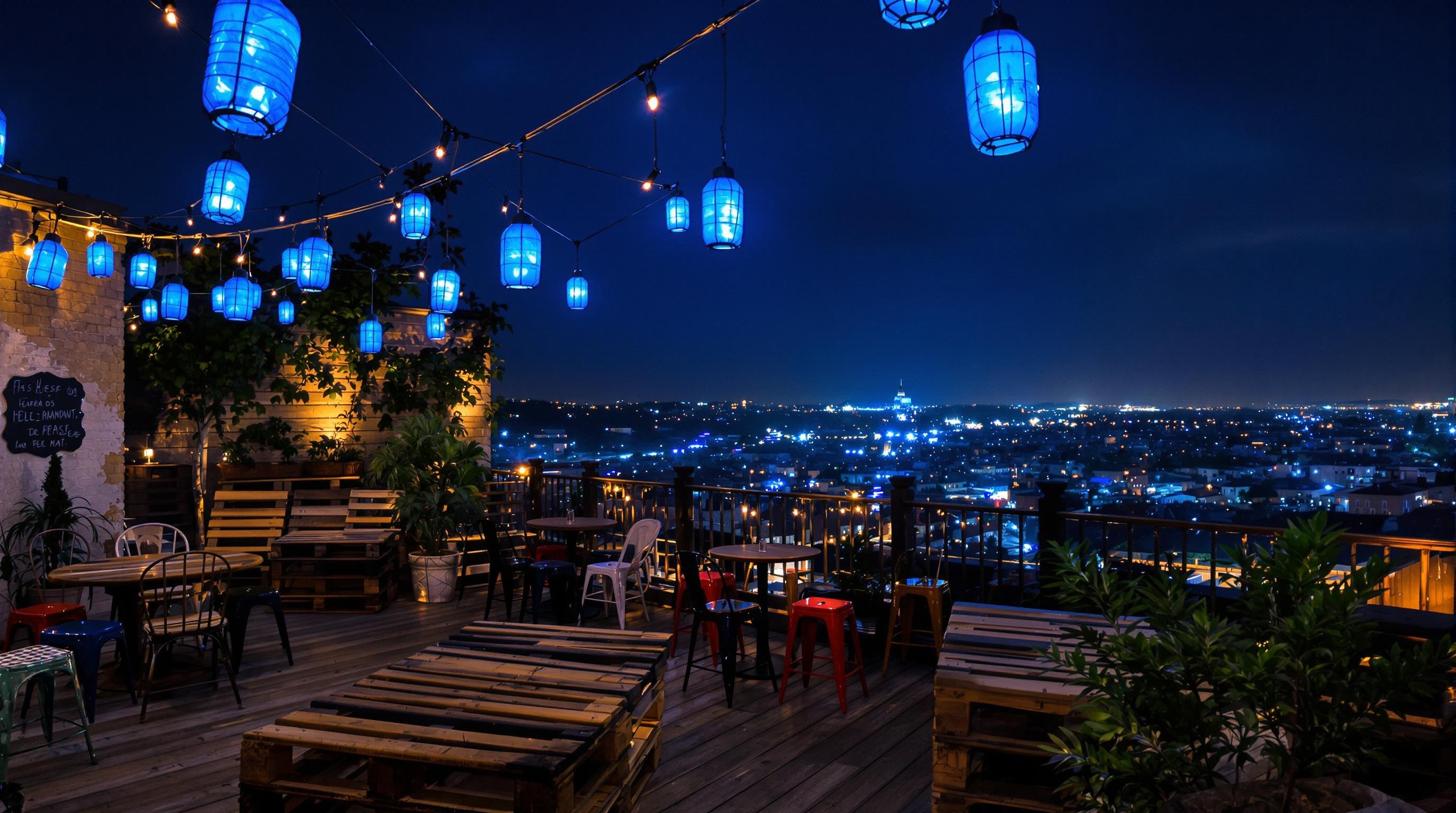 Vue secrète d’un rooftop caché au-dessus d’un ruin bar avec lampions bleus et tables en palettes