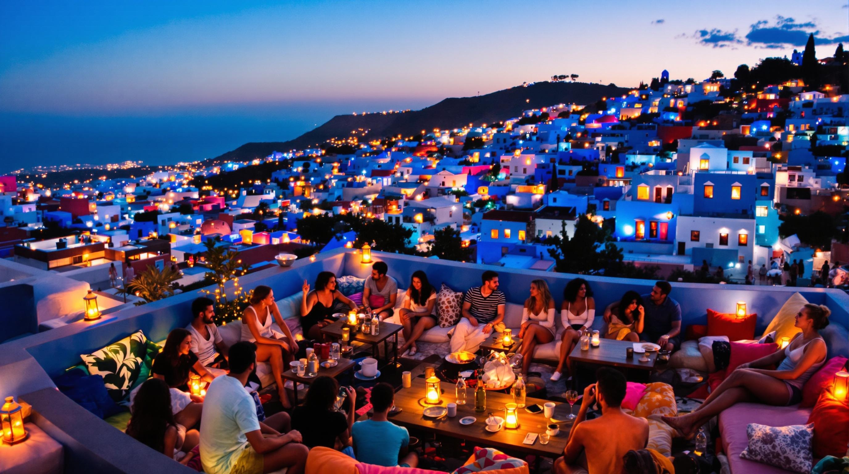 Rooftop convivial d'un hostel à Chefchaouen avec backpackers et vue sur les toits bleus.