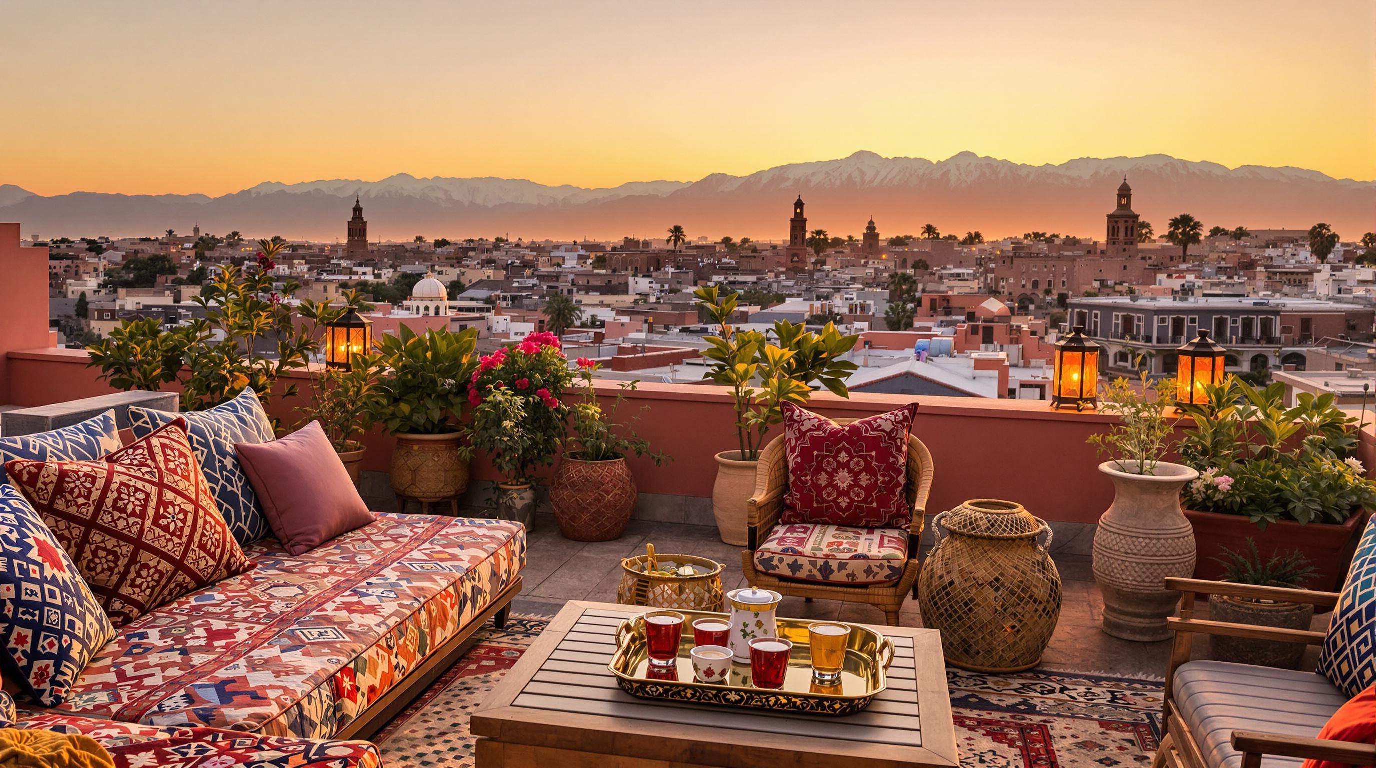 Rooftop Marrakech sunset vue Atlas mint tea bohème chic.