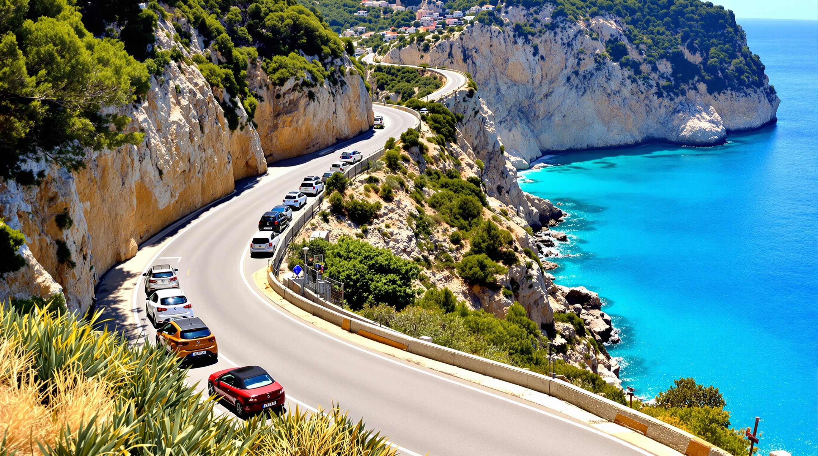Route T10 vers plage de Canella, voitures garées en bataille sur le bas-côté.