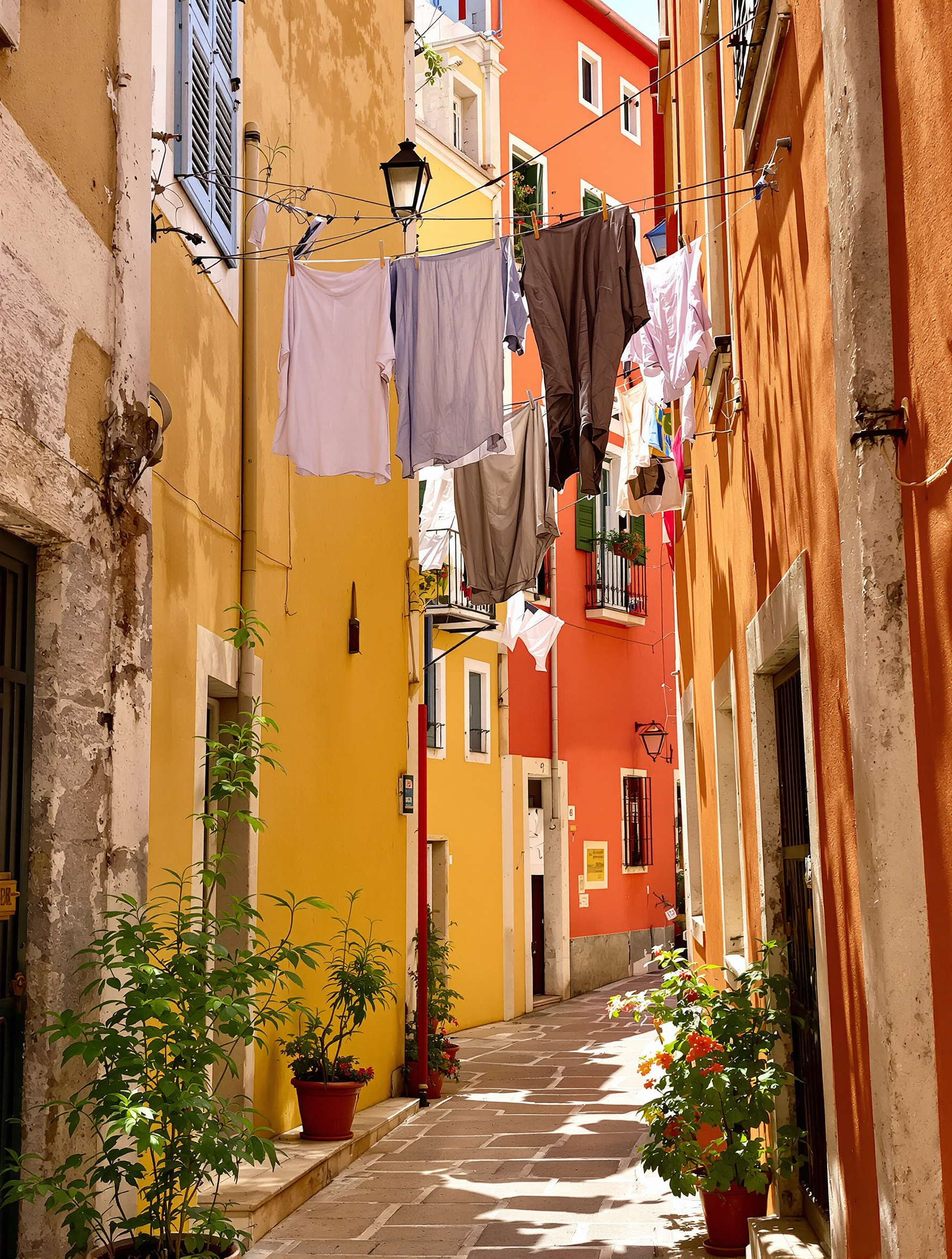 Une ruelle ('kantounia') étroite et colorée de la vieille ville de Corfou, avec du linge suspendu entre les bâtiments vénitiens. La lumière du soleil perce à peine, créant une atmosphère intime et authentique, loin de l'agitation touristique.