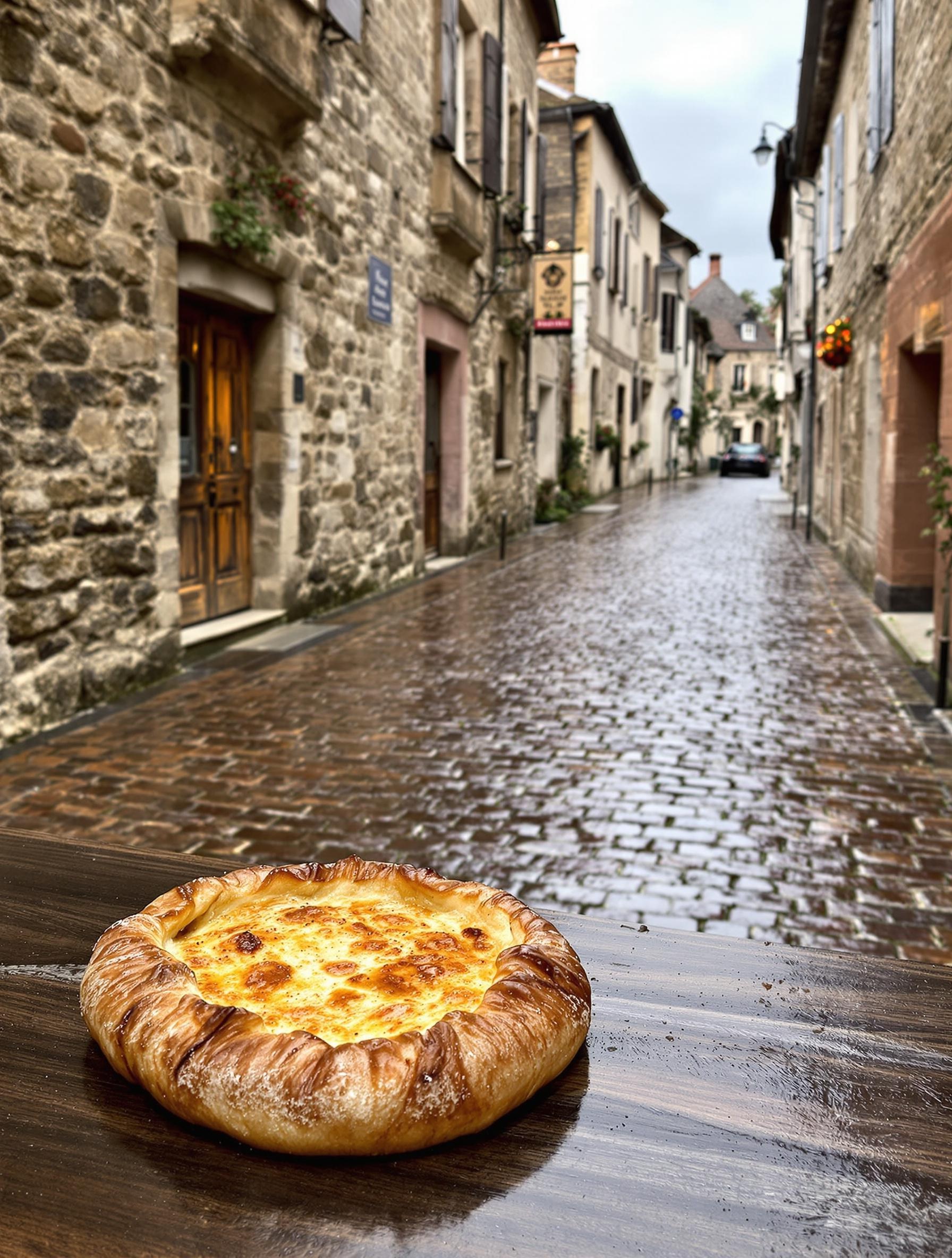 Ruelle pavée médiévale Pérouges galette dorée village Instagrammable ciel nuageux.