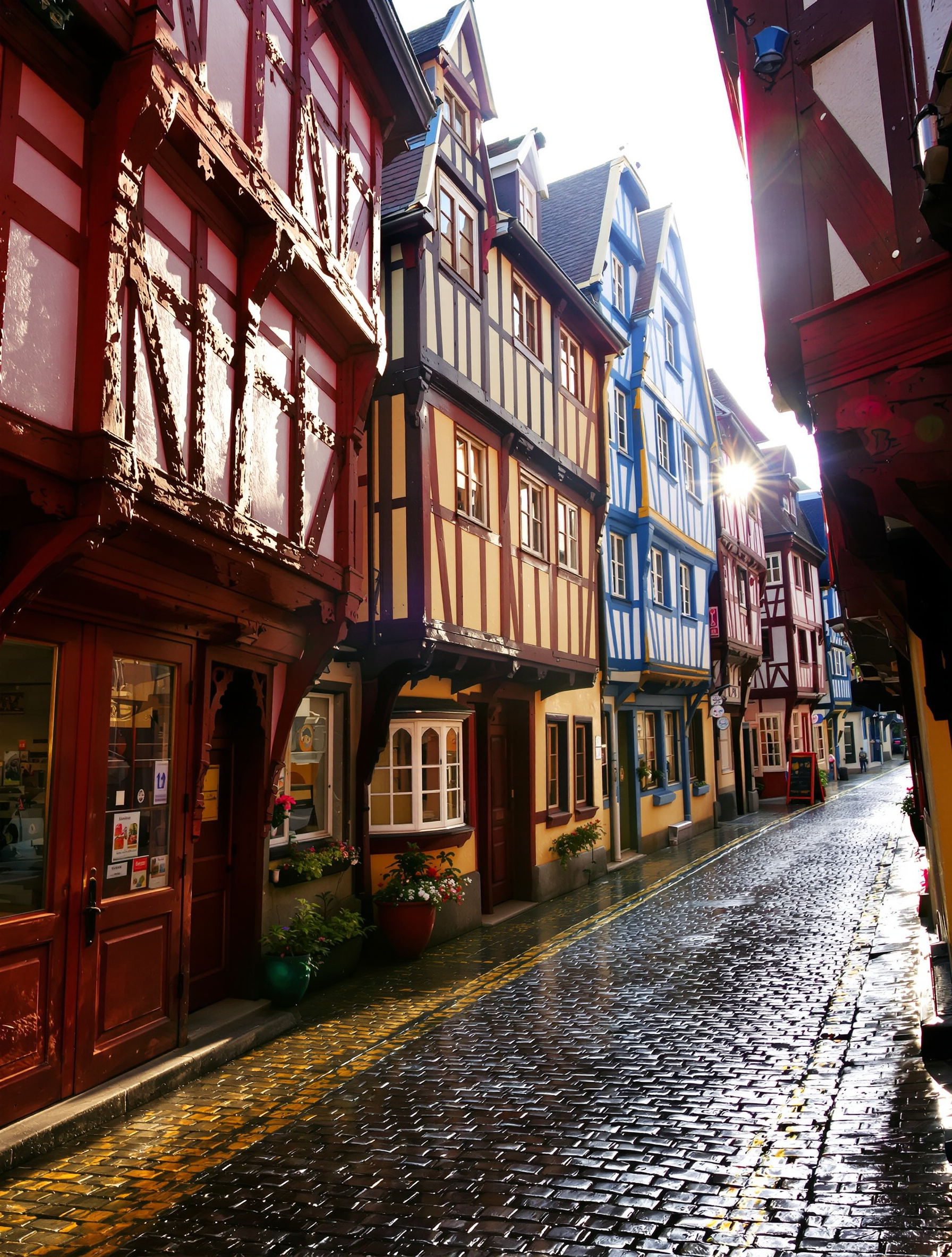 ruelle typique du centre historique de Saint-Brieuc avec maisons à pans de bois colorées et pavés luisants