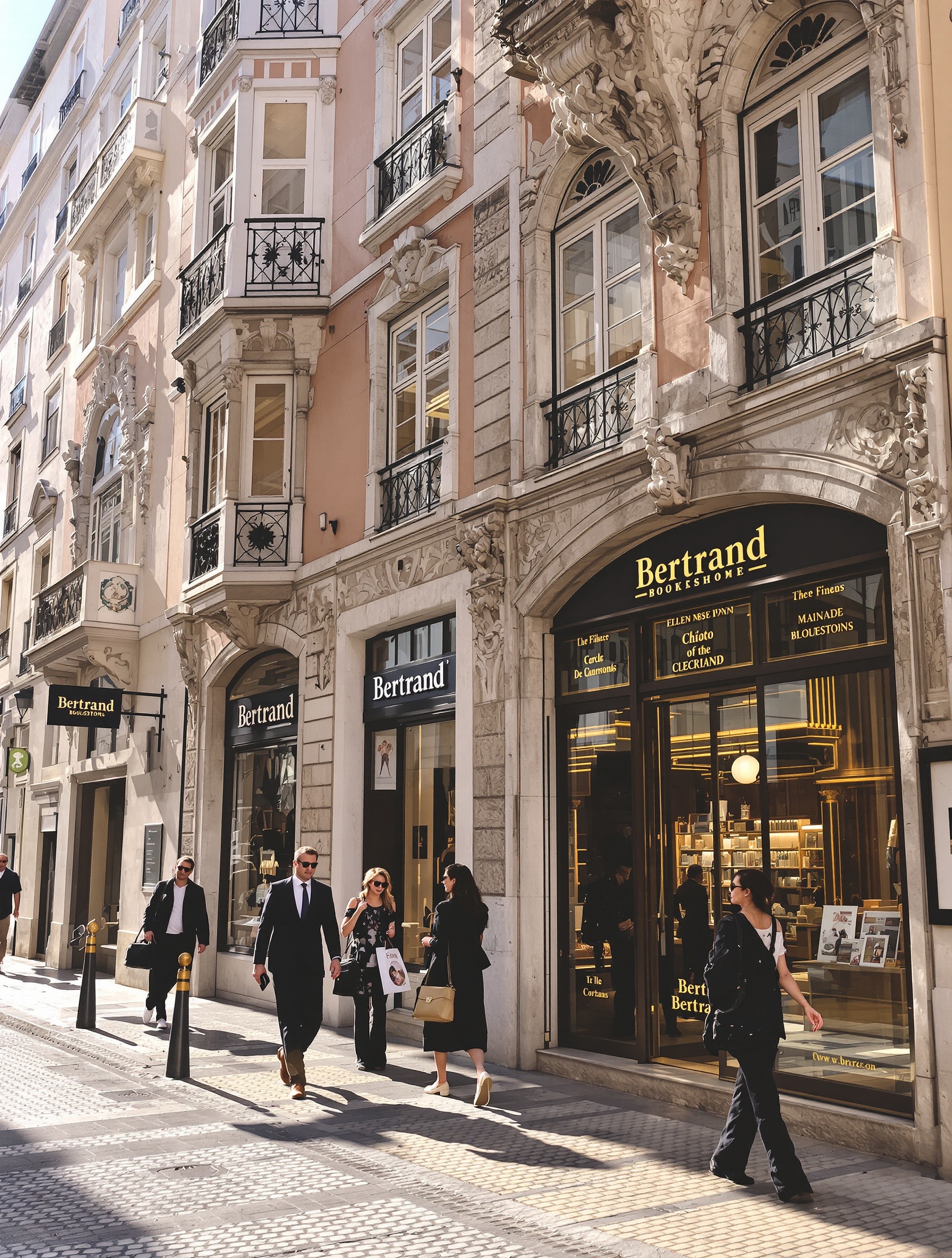 Chiado Lisbonne rues librairie Bertrand architecture élégante matin