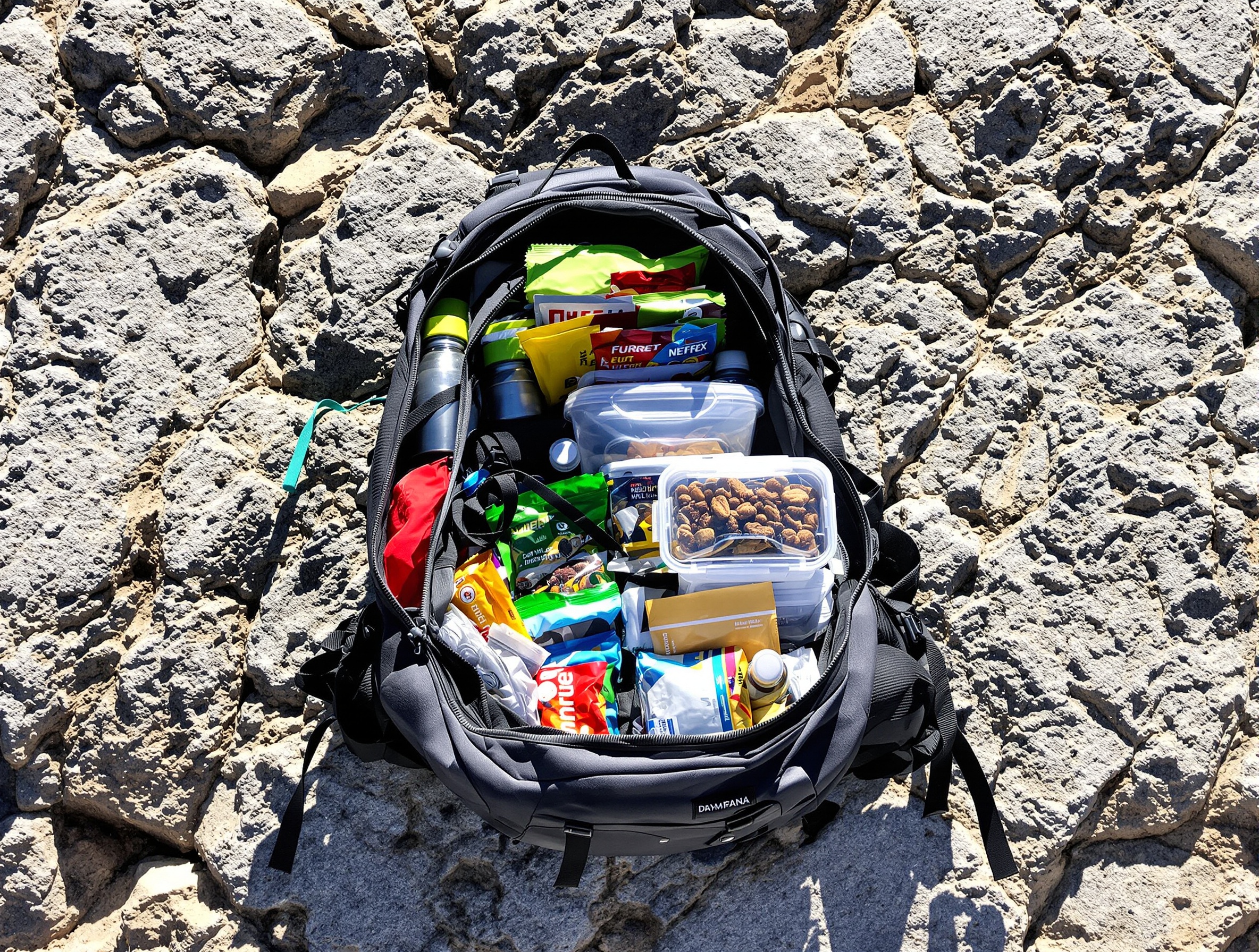 Sac à dos ouvert montrant gourdes et snacks énergétiques en forêt corse