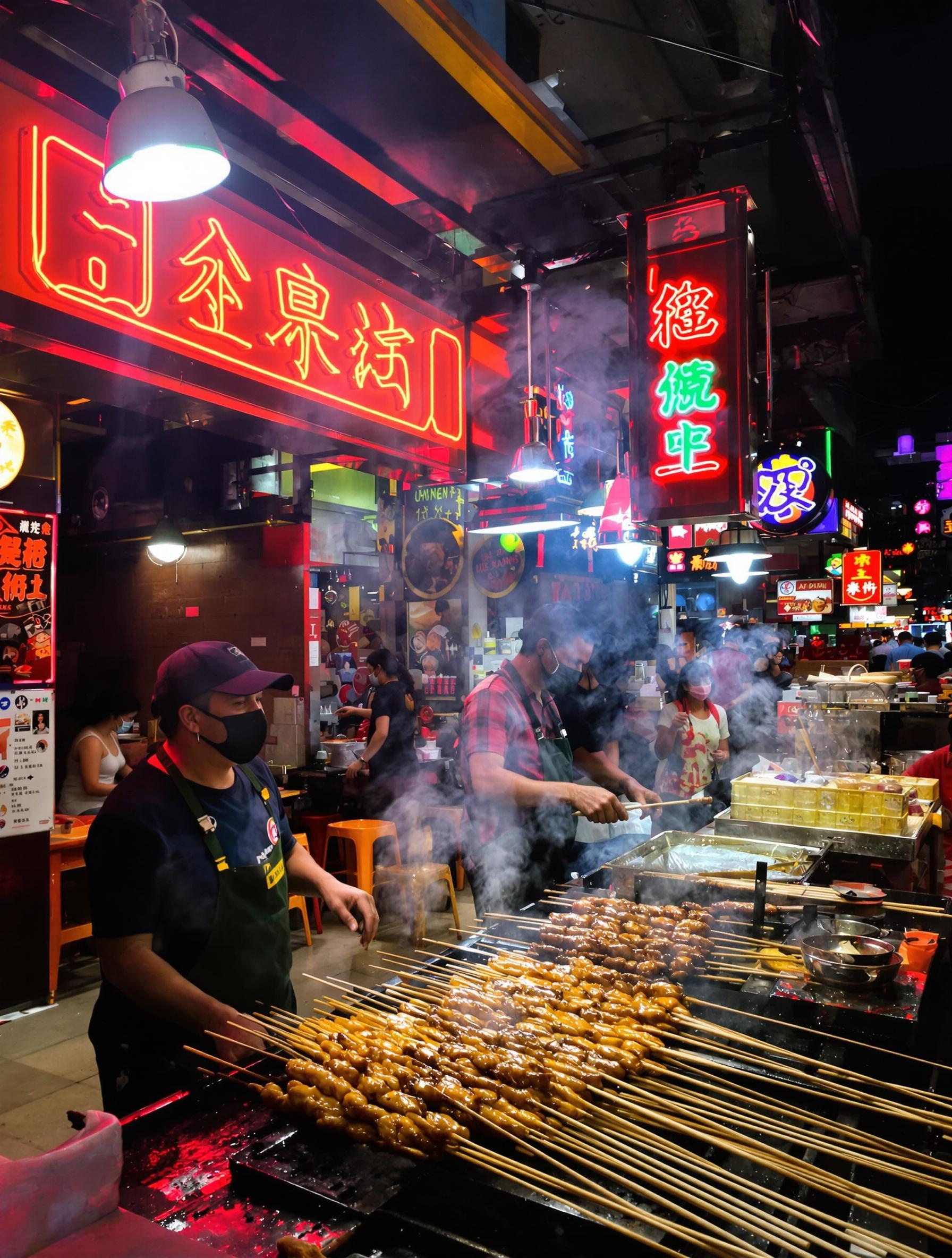 Satay sous les néons de nuit à Kuala Lumpur