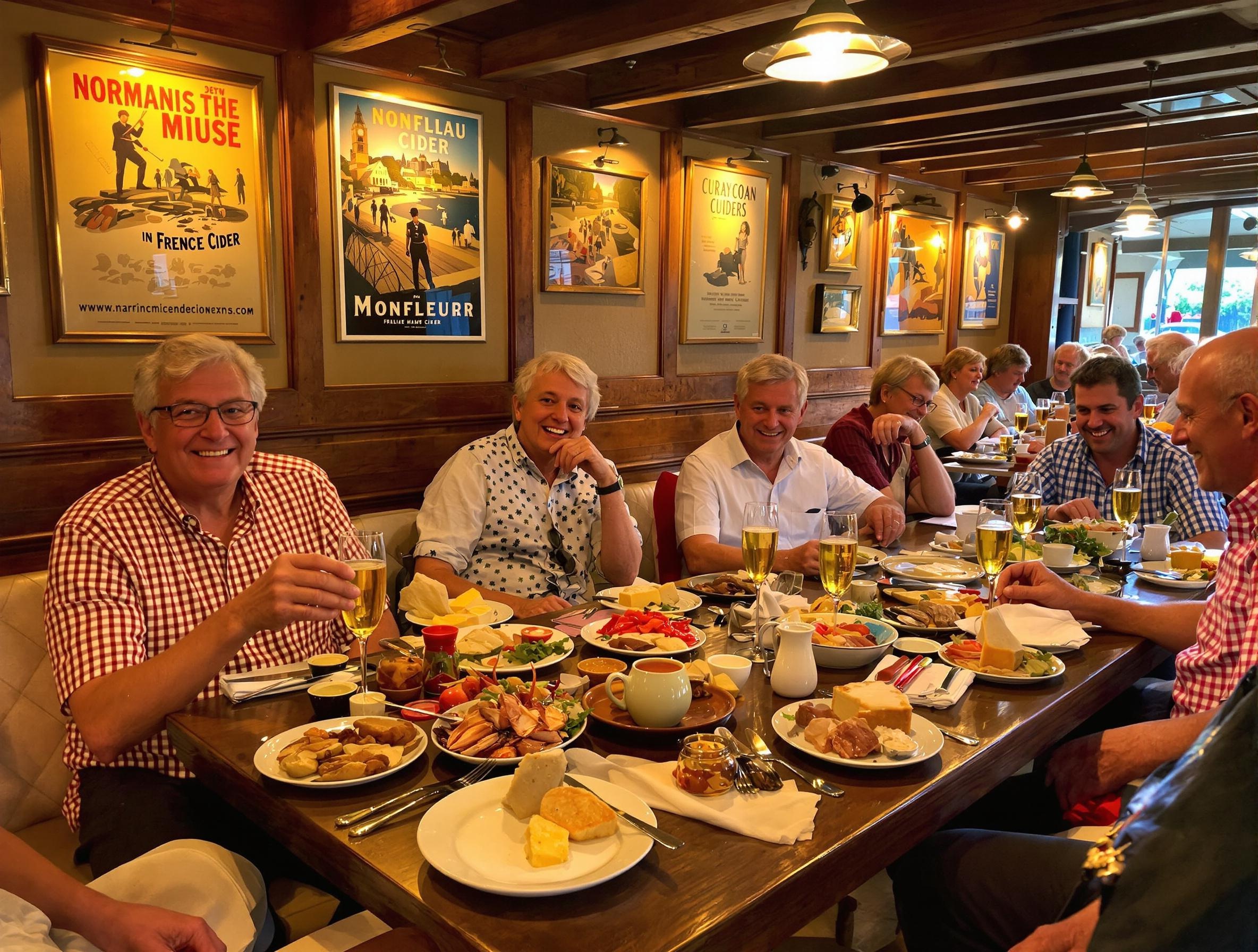 Scène conviviale dans un bistrot de Honfleur dégustant spécialités locales