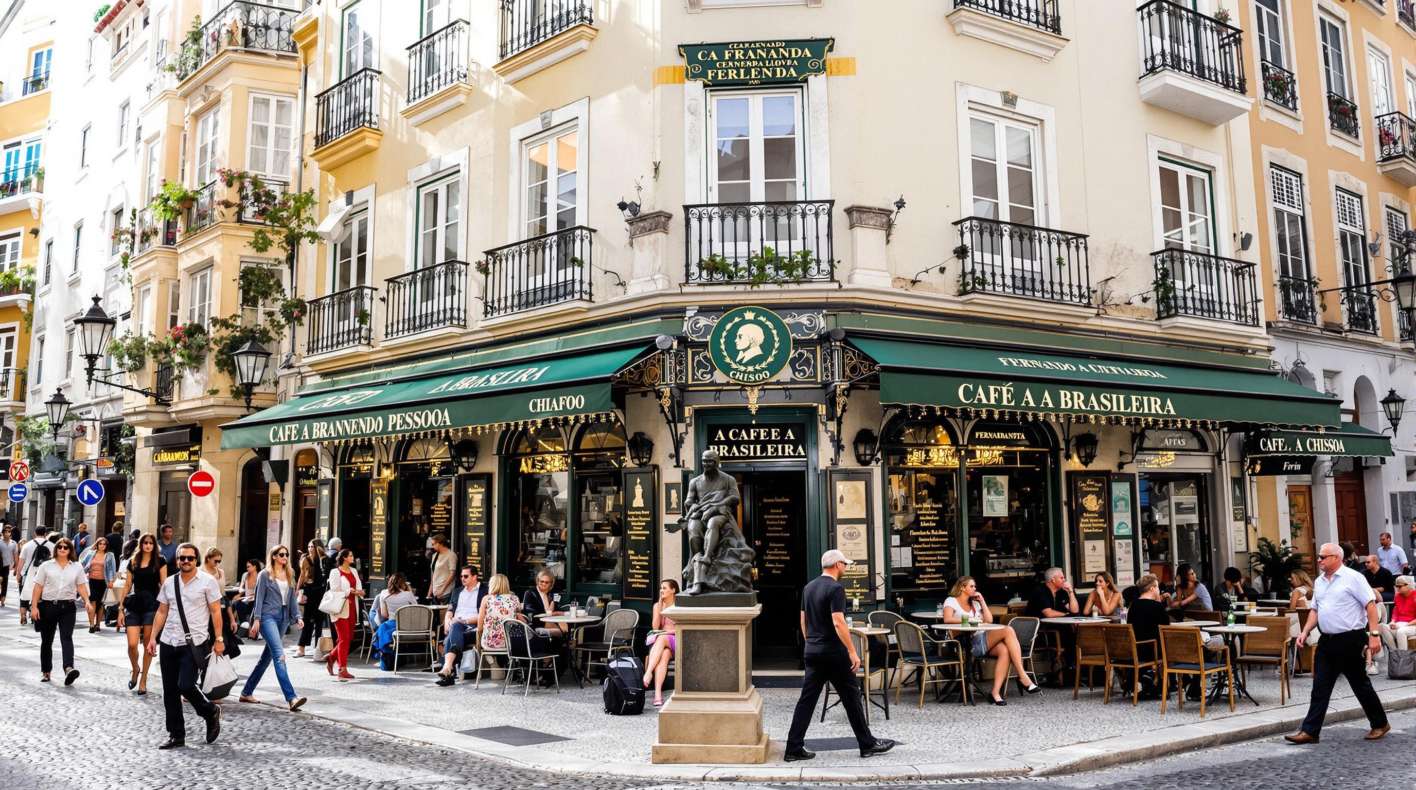 Terrasse du café A Brasileira avec statue de Pessoa à Chiado