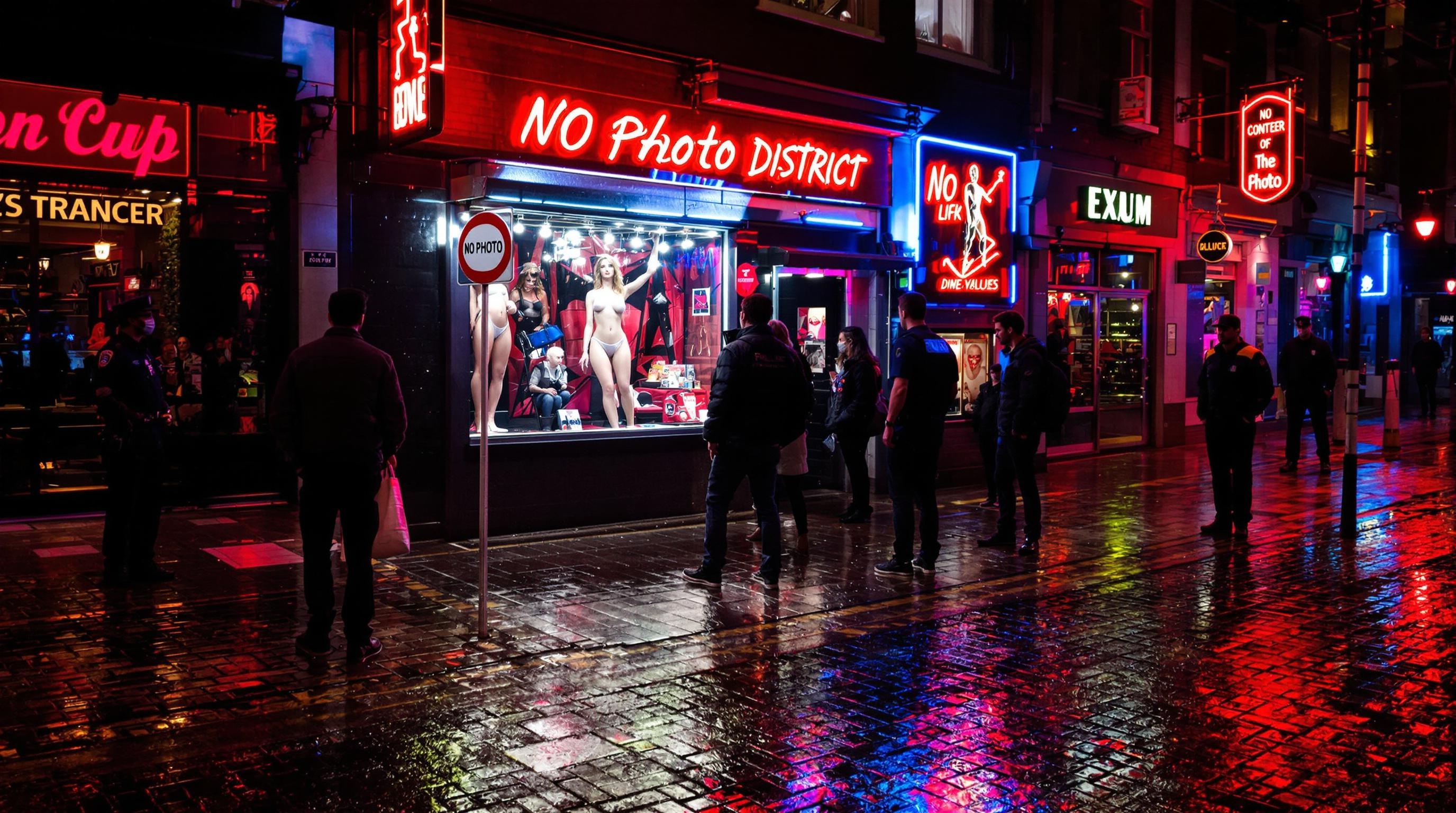 Touristes devant une vitrine du Quartier Rouge avec panneau d'interdiction de photo